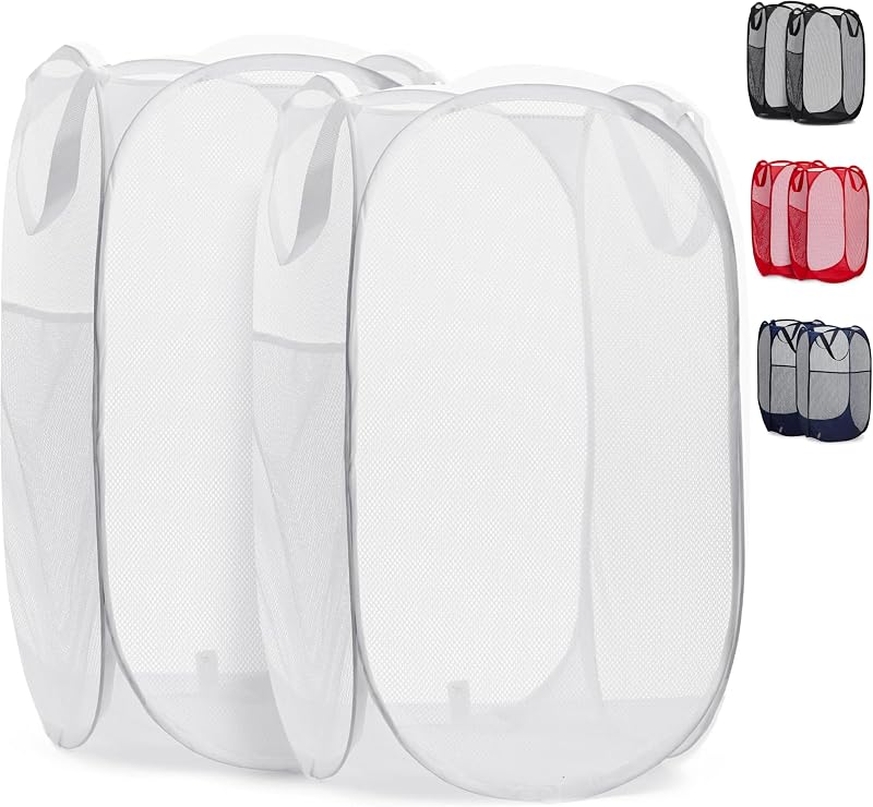 Handy Laundry Cesto plegable de malla para la colada, paquete de 2, apertura amplia, bolsillo lateral, cesta plegable que ahorra espacio para ropa, viajes, dormitorio, habitación de los niños, transpirable y duradero (blanco)