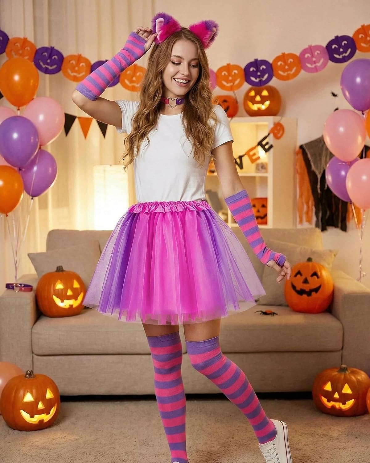 Hikkcos 5 Pcs Pink Purple Striped Cat Costume Accessory Set, Cat Ear Headband, Heart Choker, Striped Gloves, Long Socks, Tutu Skirt for Halloween Cosplay Party