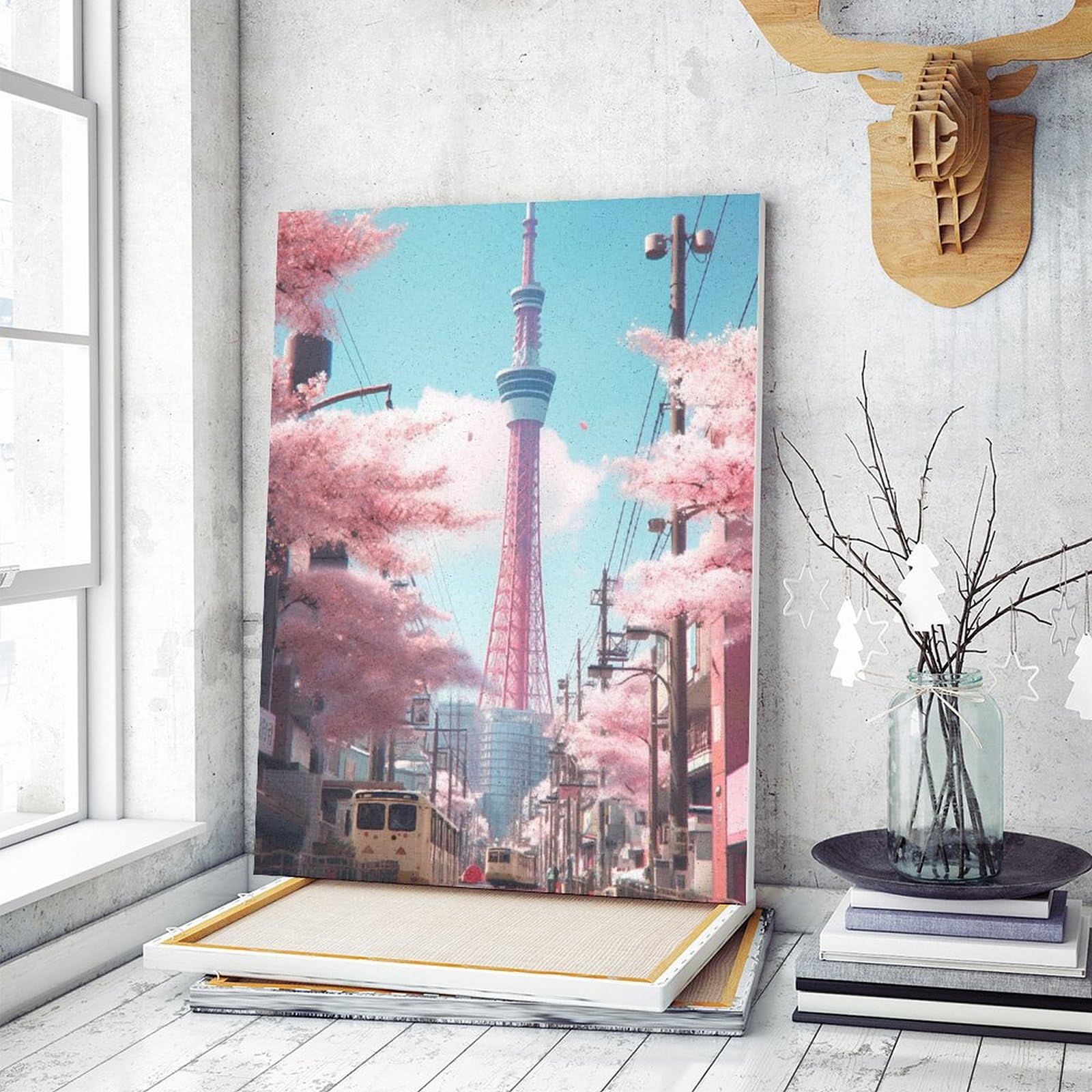 お値下げしました❗絵画 油絵 Amazon | 東京スカイツリーと桜 数字油絵 和風の街並み写真 数字