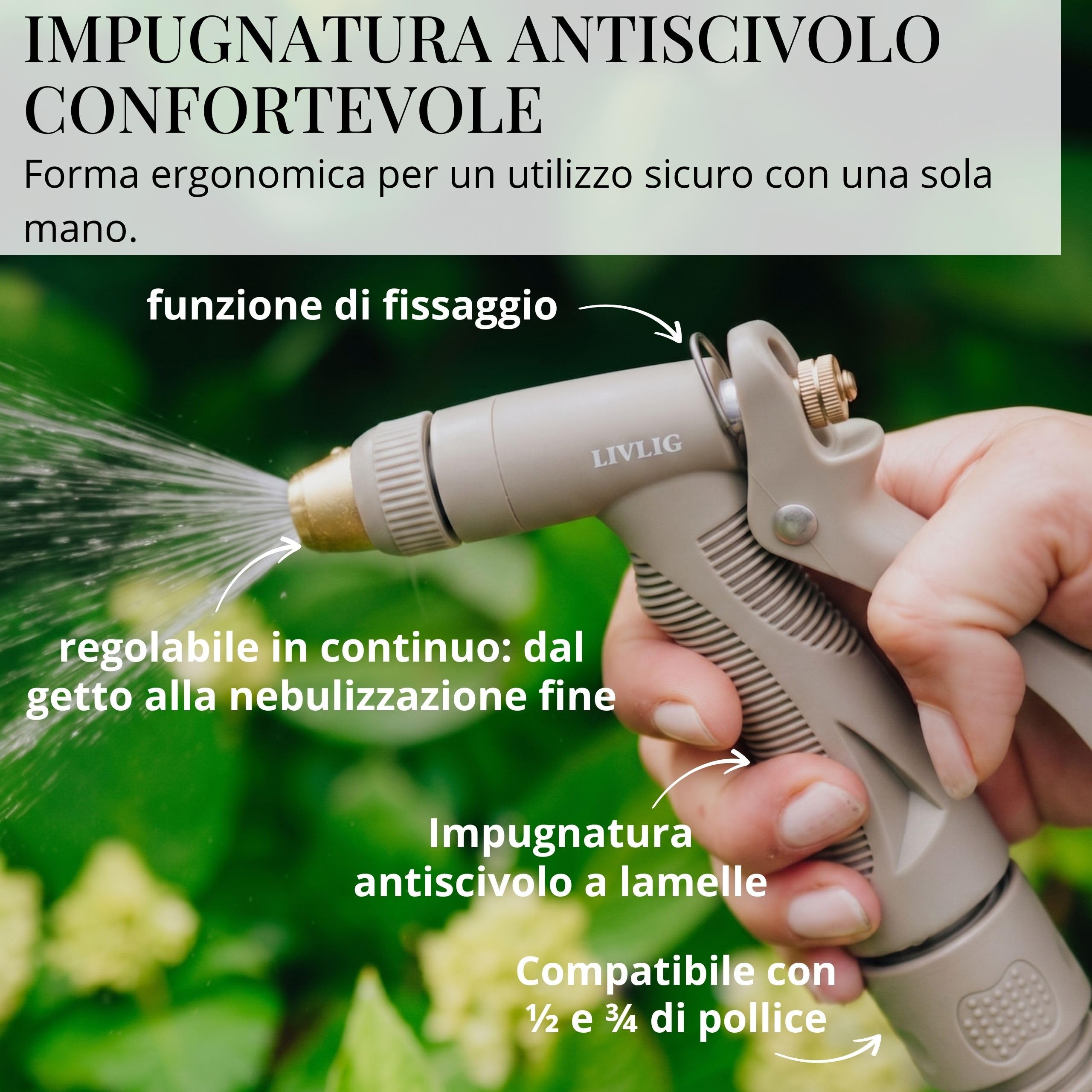 LIVLIG Set Completo Pistola per Tubo da Giardino, Robusta Pistola per Pulizia e Irrigazione con Attacco 1/2 Pollice, Monocomando e Arresto Continuo, Sandy Stone