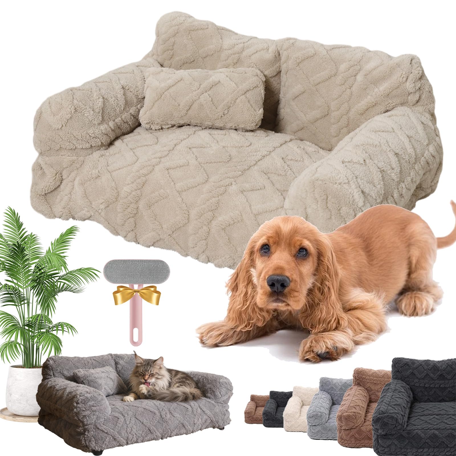 Snrtevu 2026 New Plush Calming Pet Sofa Bed, Plush Calming Pet Sofa Bed With Removable Cover, Washable Orthopedic Dog Bed With Edge, Increases Deep Sleep, Reduces Separation Anxiety (Beige,80 * 50cm)