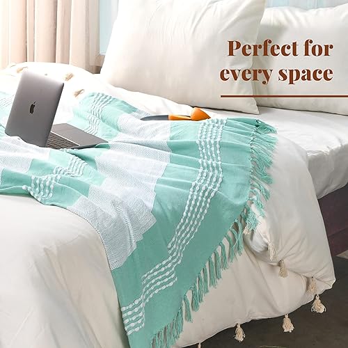 Miniatura 7 de Folkulture Manta y mantas para sofá 100% algodón reciclado, 50 x 60 pulgadas, color verde salvia, suave y cálida, estilo bohemio