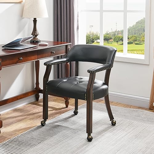 Miniatura 18 de MODERION Modernas sillas de escritorio de comedor y oficina de madera maciza marrón retro con ruedas, brazos y asiento tapizado, 31.5 pies de alto