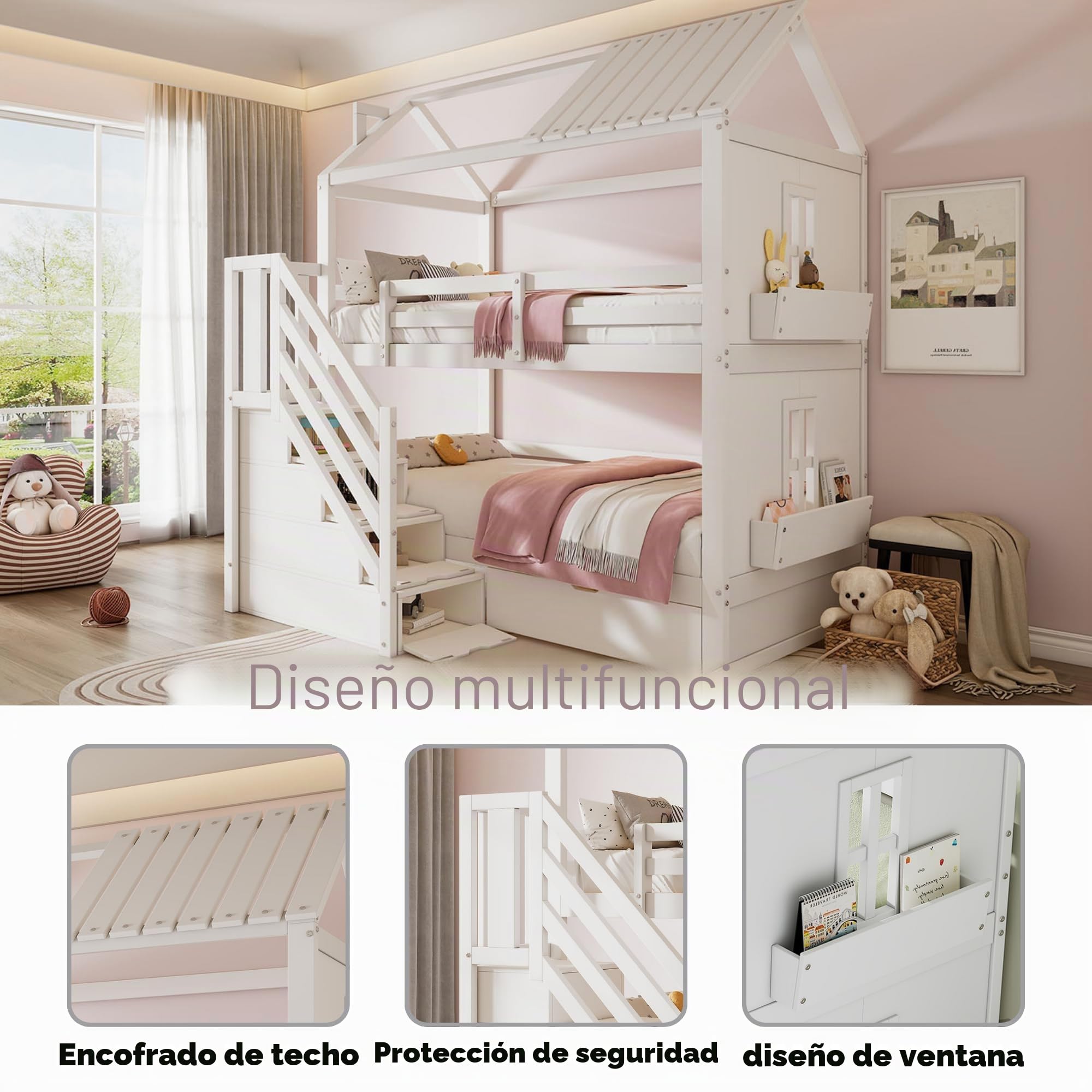 Dolamaní Cama Litera para 2 niños, 90 x 200 cm, espacio de almacenamiento, escaleras, cajones y estantes, madera de pino (blanco)