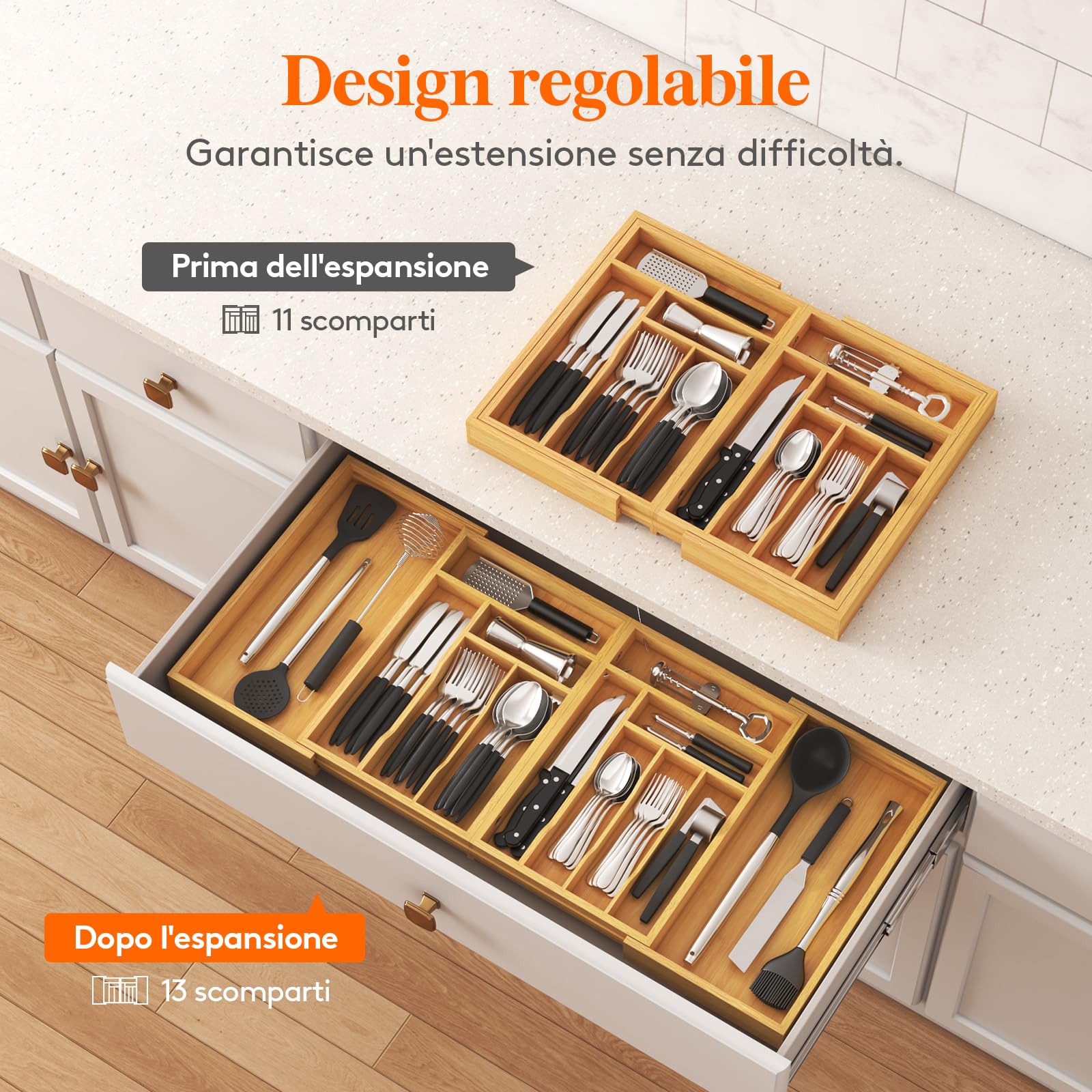 Lifewit Portaposate da Cassetto Grande, Espandibile da 53,3 a 91,4 cm di Larghezza, Porta Posate Cucina Cassetto, Organizer Cucina in Bambù per Posate, Cucchiai, Forchette, Coltelli, Naturale