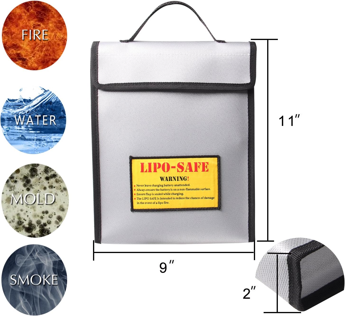 Home Safe Storage Fibreglass Pouch For Bank Cards Passport Cash Money Birth Certificate and RC Lipo Battery (9"x11"x2")