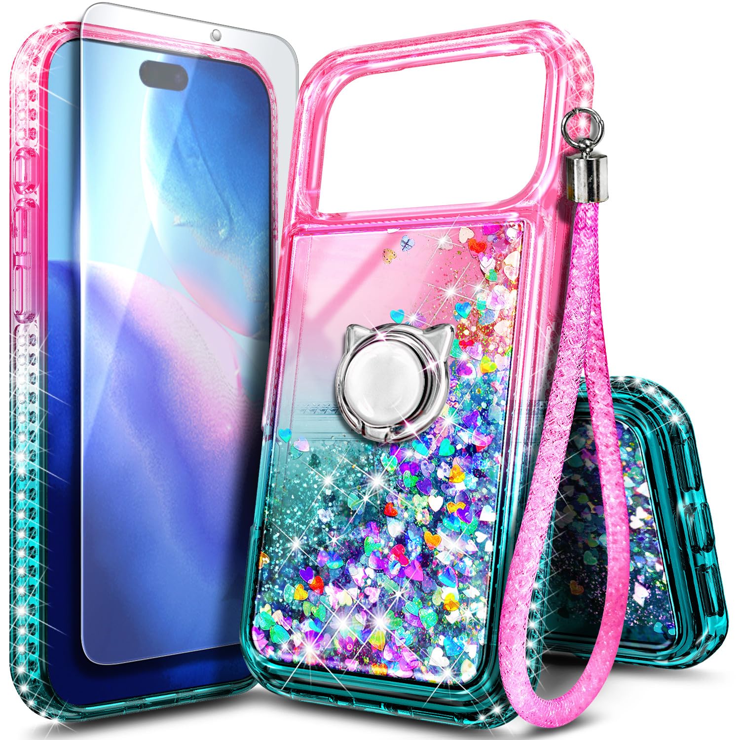NGB Designed for iPhone 17 Pro Max Case, Cute Liquid Glitter Pink/Aqua