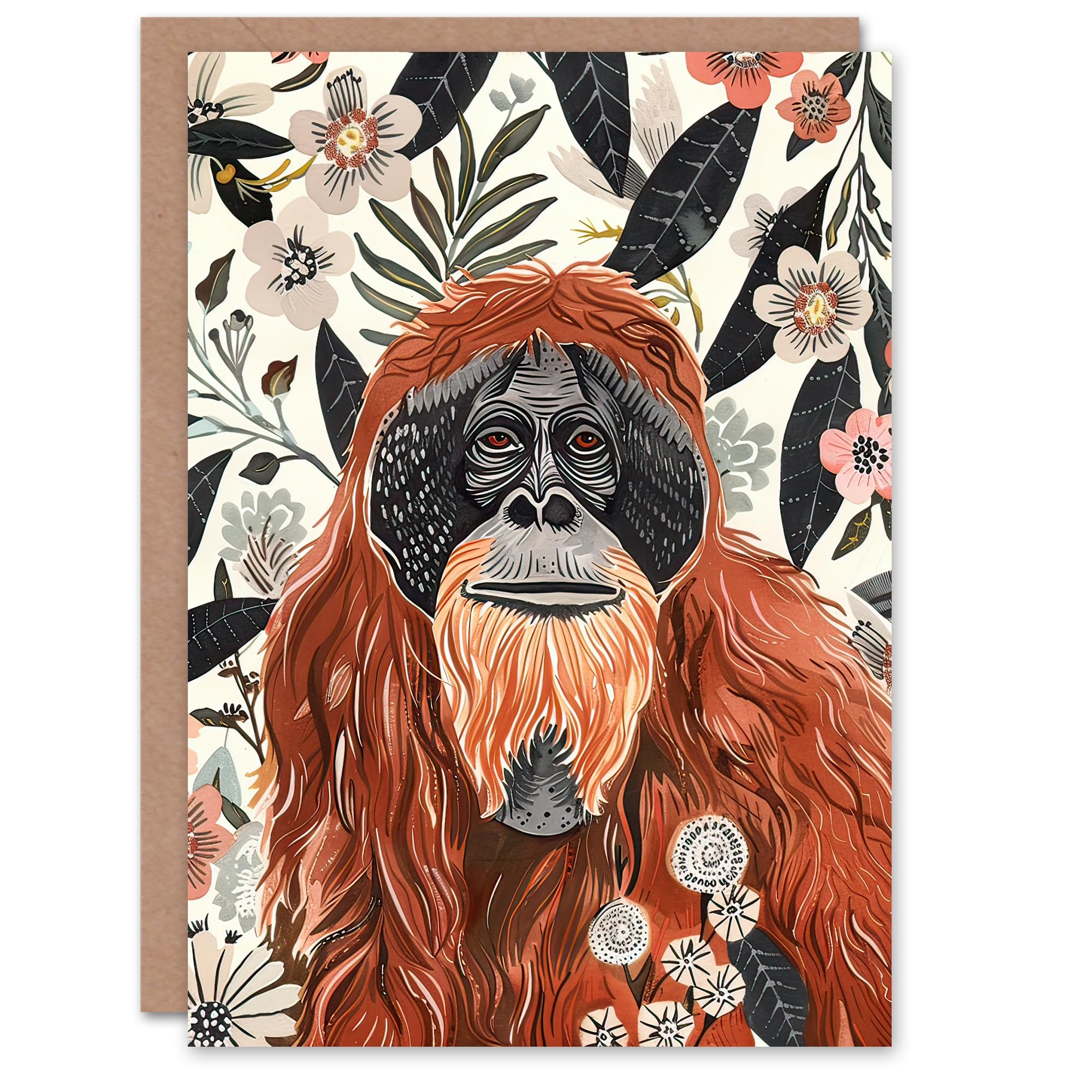 Artery8 Greeting Card Orangutan in Floral Jungle Birthday Watercolour Orange