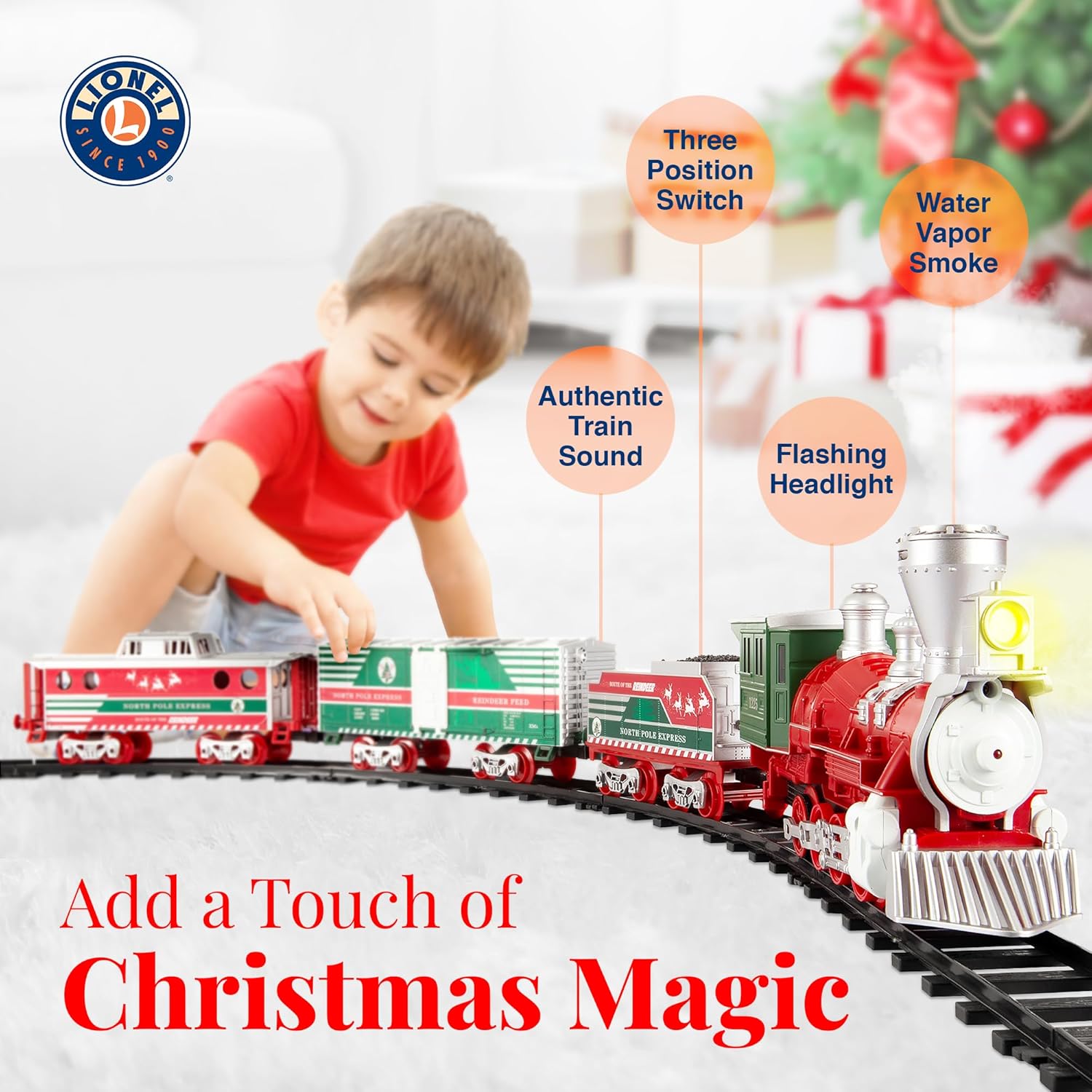 Lionel Trains Set North Pole Express Holiday Train 29 Piece Set with Water Vapor Smoke Effect, Working Headlight, Horn and Bell Sounds, Red