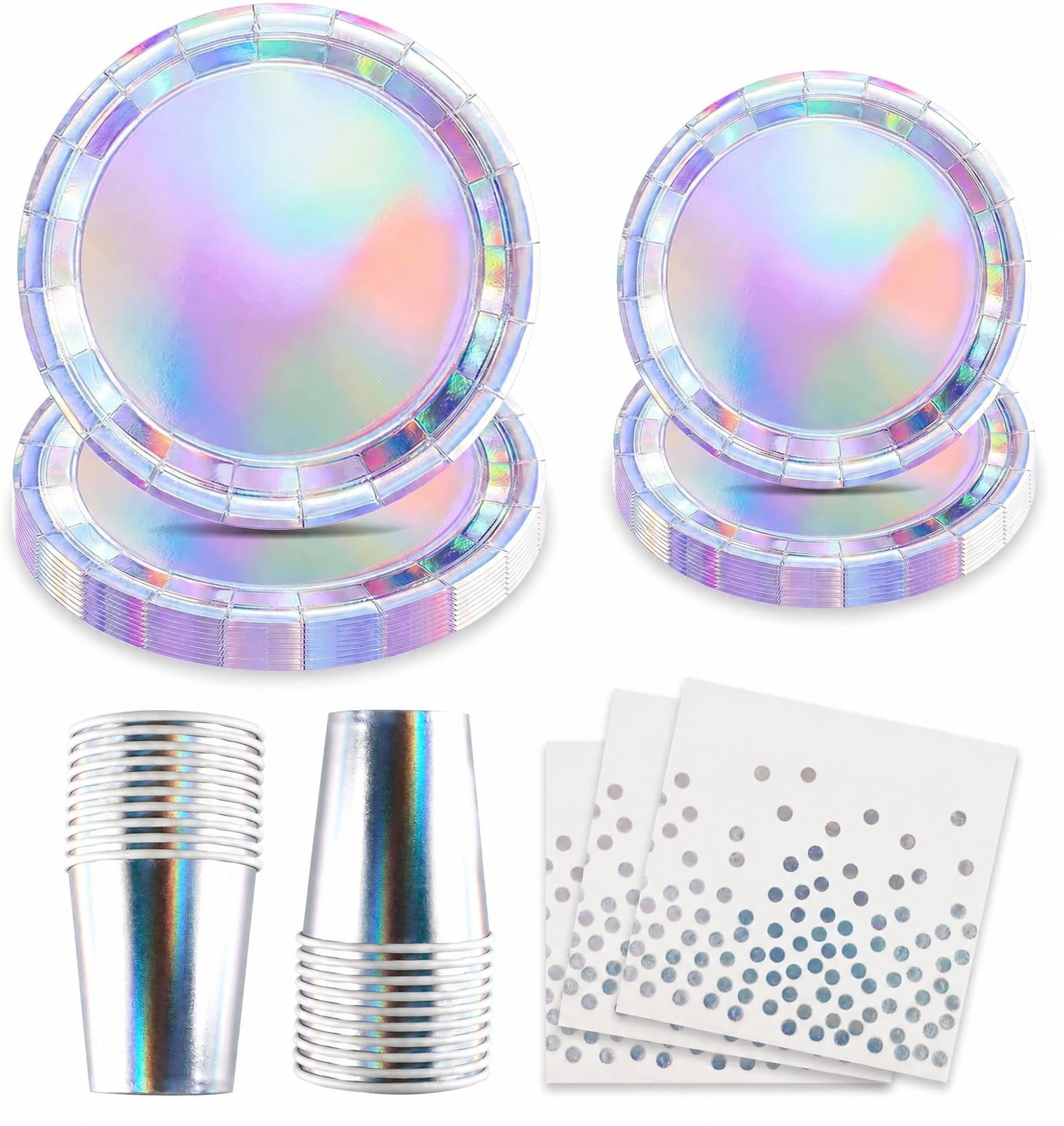 MYHOGOOD Iridescent Party Plates Set, 100Pcs 9" and 7" Holographic Paper Plates Napkins Cups Serve 25 Guests, Disposable Tableware for Birthday Bridal Shower Bachelorette Disco Party Decorations