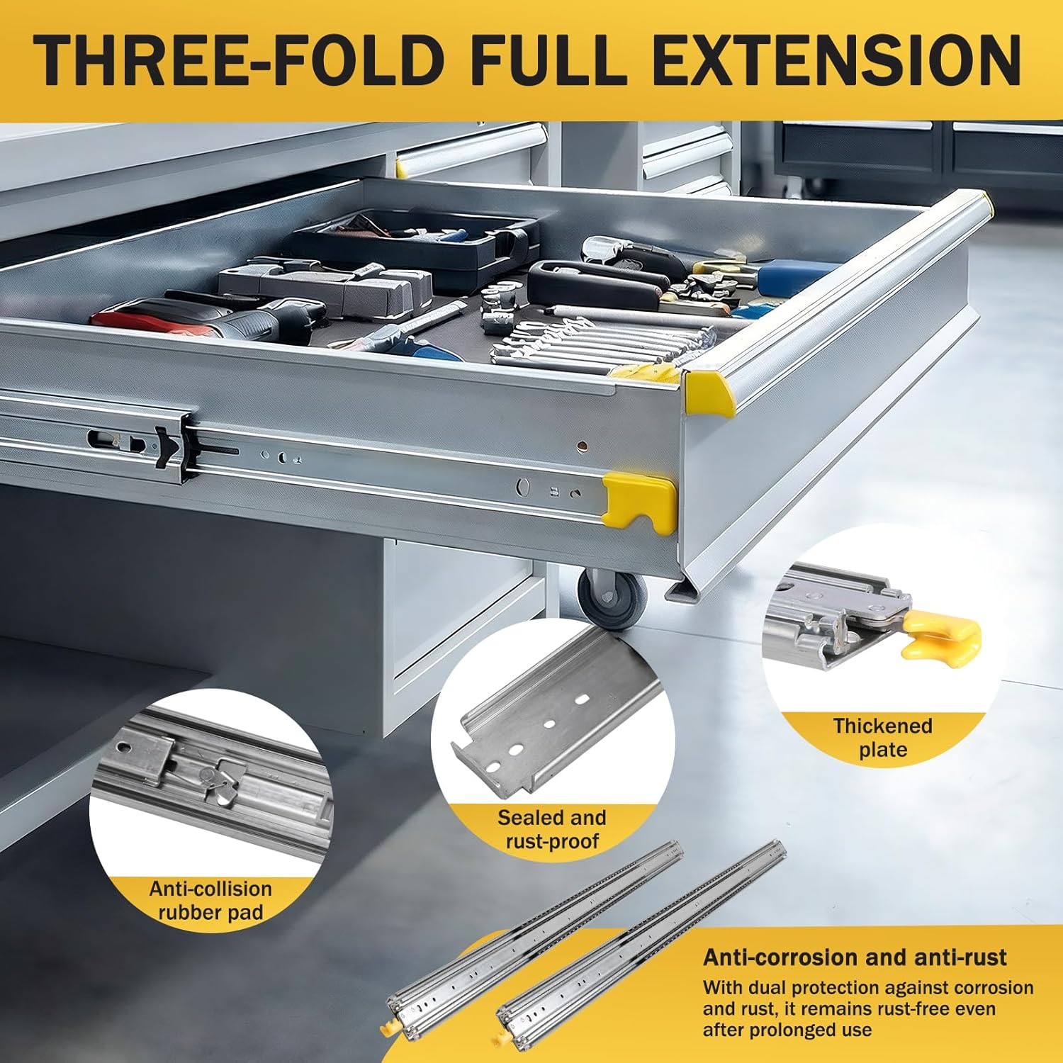 Generic 1 Pair Heavy Duty Locking Drawer Slides 76mm Wide Noiseless Bearing About 226kg Full Extension Industrial Locking Rail with Lock for Kitchen Cabinets Wardrobes Office Furniture