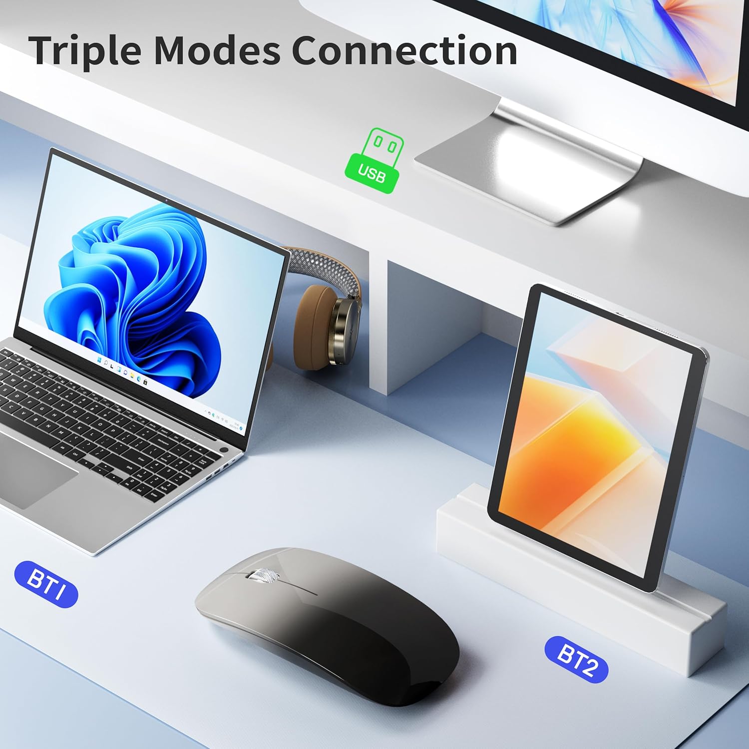 TENMOS M18 Bluetooth Mouse, USB C Rechargeable Wireless Mouse, Triple Mode (Dual Bluetooth+USB) Silent Mice Portable with USB Receiver and Type C Adapter for Laptop/MacBook/iPad - Grey and Black - Image 3