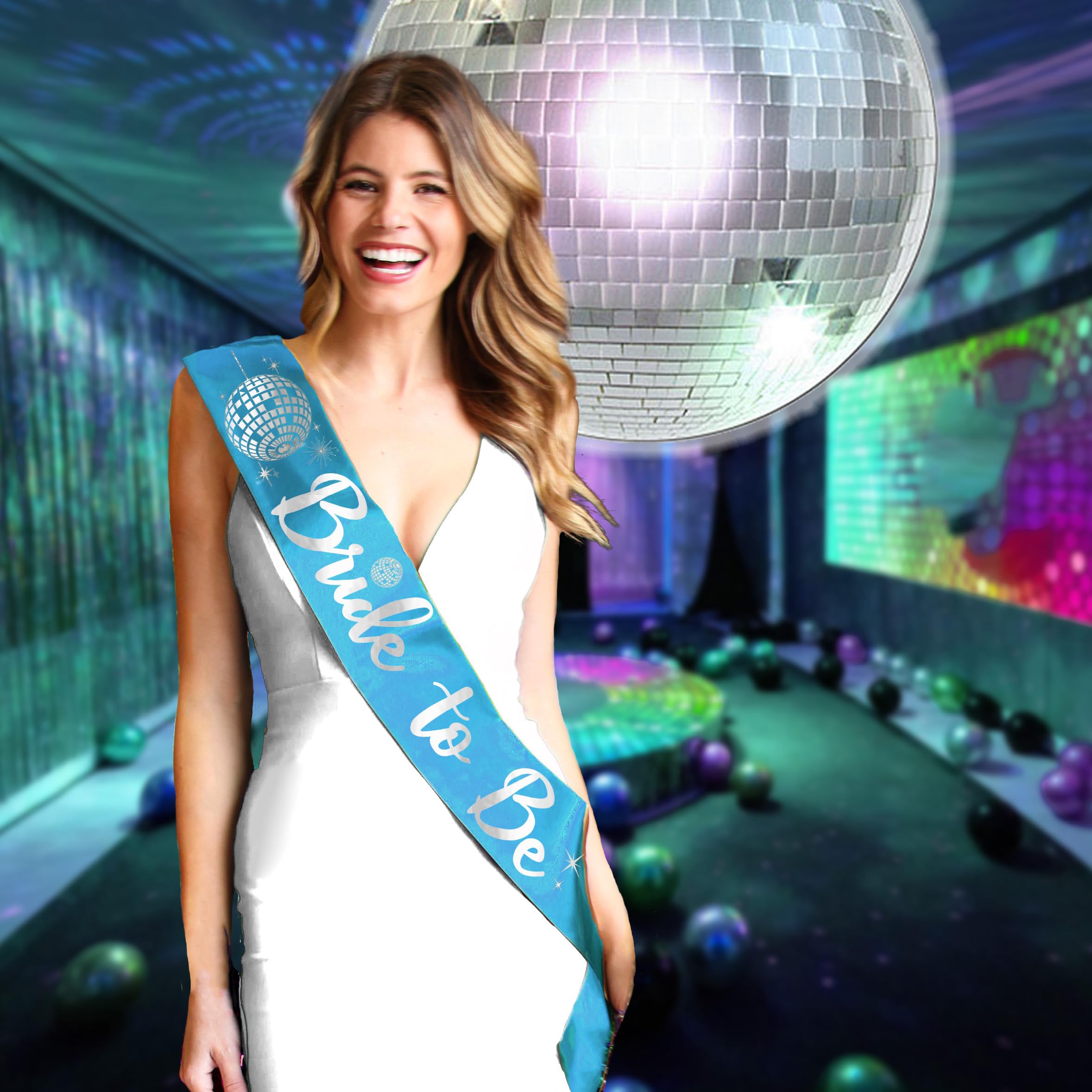 Amazon.com: Mamma Mia Bachelorette Party Decorations - Silver Disco Ball  Bride to Be Turquoise Blue Satin Sash - Dancing Queen Disco Bride Outfit