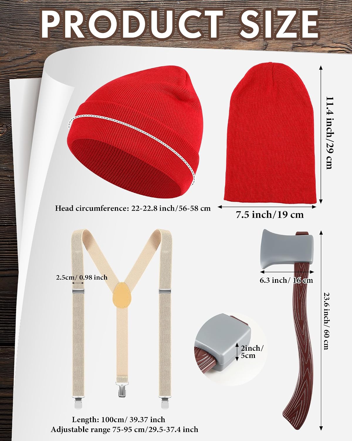 Blosssound 2 Sets Lumberjack Costume Set Included Lumberjack Beanies Halloween Axe Suspenders for Halloween Party
