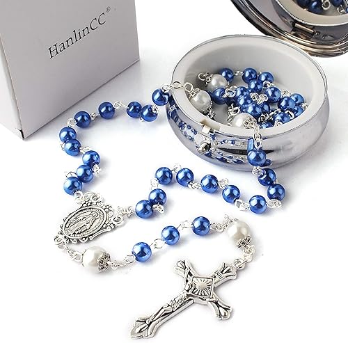 Miniatura 4 de HanlinCC Cuentas de perlas de vidrio de 0.236 in con cuentas de padre de 0.315 in con rosario en caja de regalo de metal milagroso