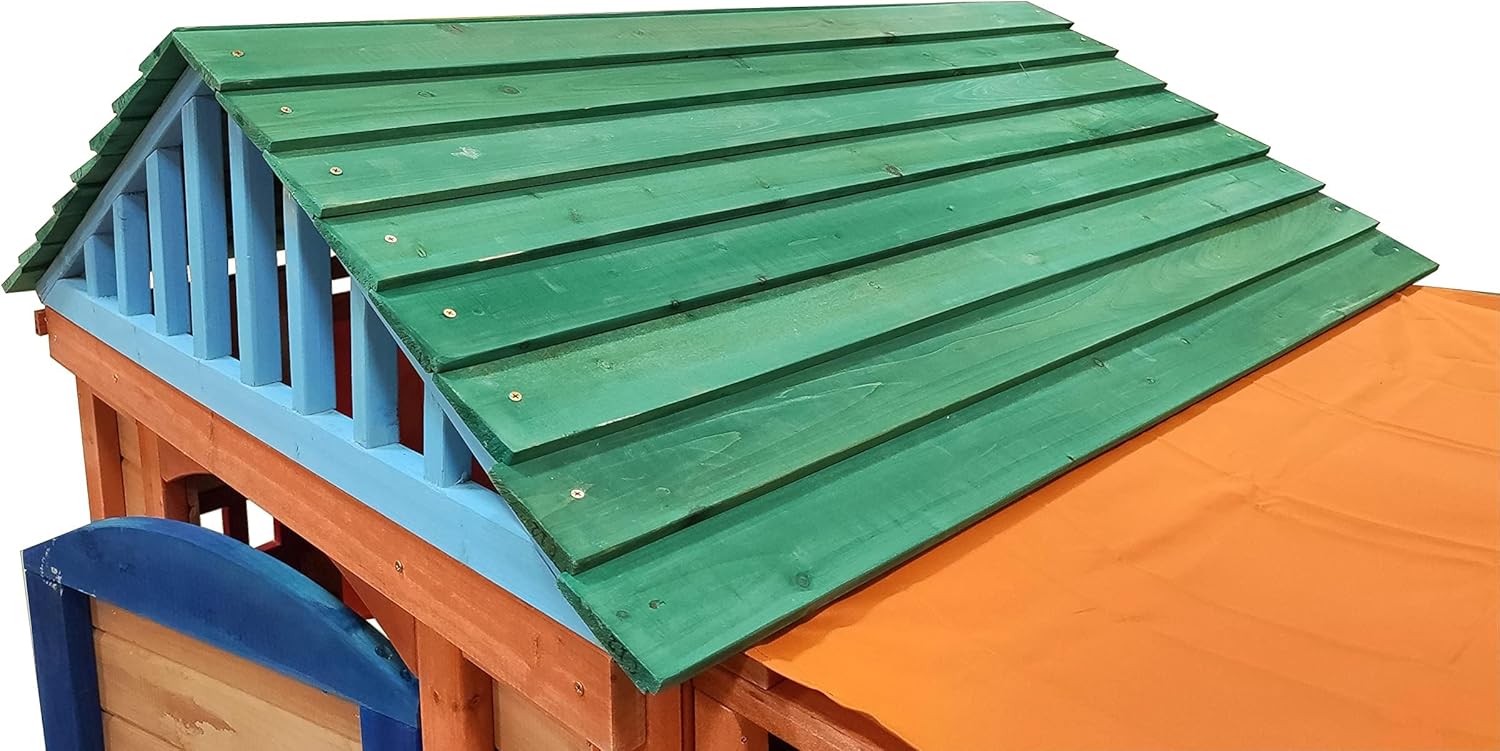 Outdoor Playhouse for Age 3-8 Years Boy Girl, Wooden Cottage Playhouse with 4 Game Awning Window, Ball Wall. Play House for Outdoor Garden, Lawn, Patio, Yard.