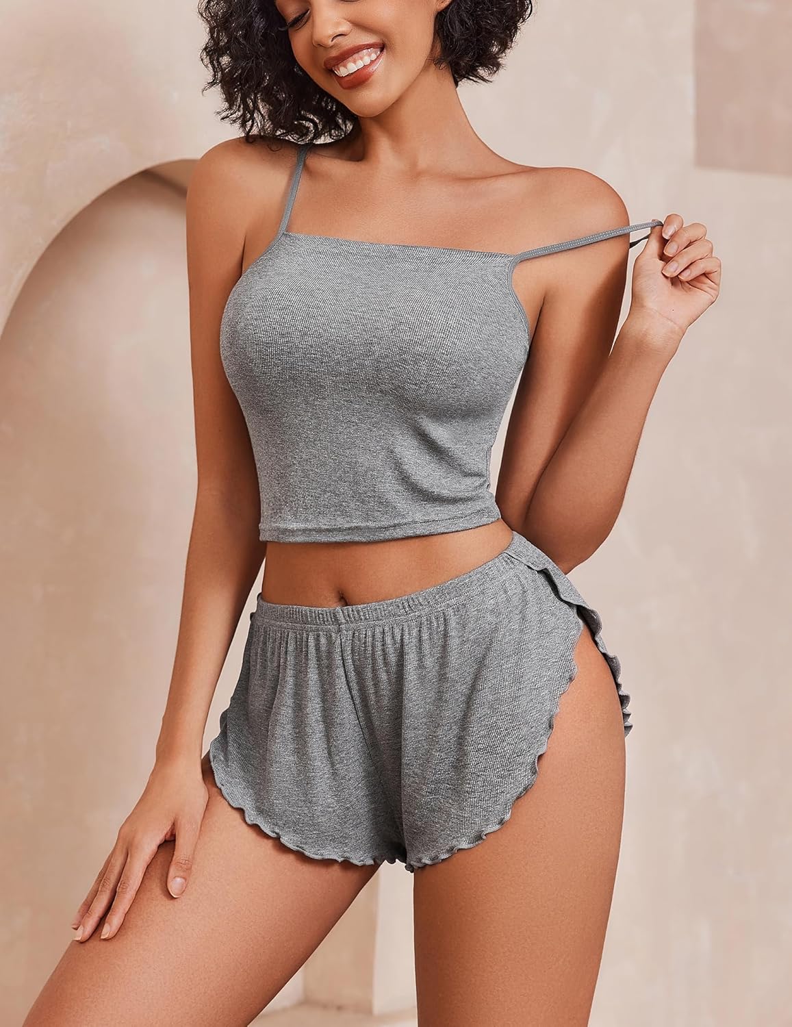 Avidlove Women Cami Ribbed Pajama Set Sexy Side Slit Sleepwear Soft Lingerie 2 Piece PJ Set - Image 2