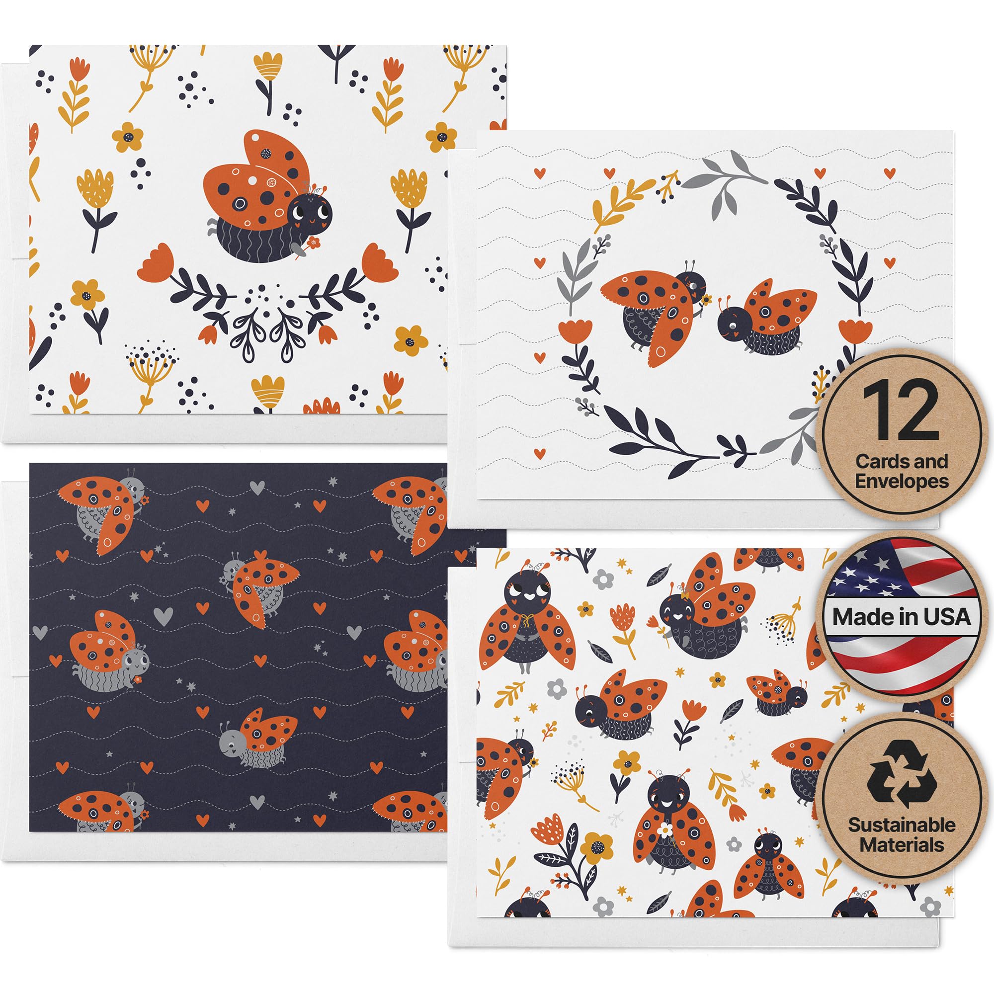 Twigs Paper Ladybug Thank You Cards for Kids, 12 Note Cards with Envelopes