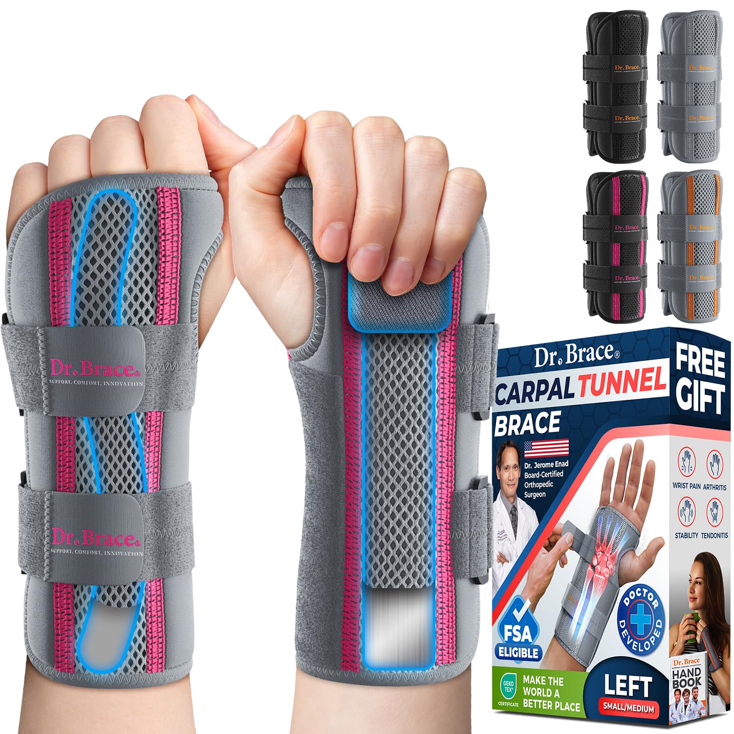 DR. BRACE Adjustable Wrist Brace Night Support for Carpal Tunnel, Doctor Developed, Upgraded with Double Splint & Therapeutic Cushion,Hand Brace for