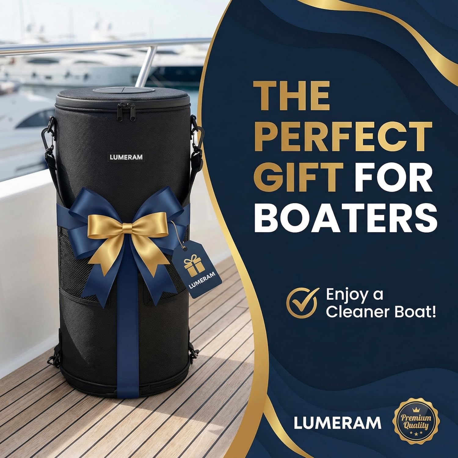 Premium Boat Trash Can with 2 Side Pockets and Bottom Zipper Opening — 100% Odor & Leak Resistant Boat Trash Bag, Easy to Install & Clean — Compatible with 10-13 Gal Garbage Bag