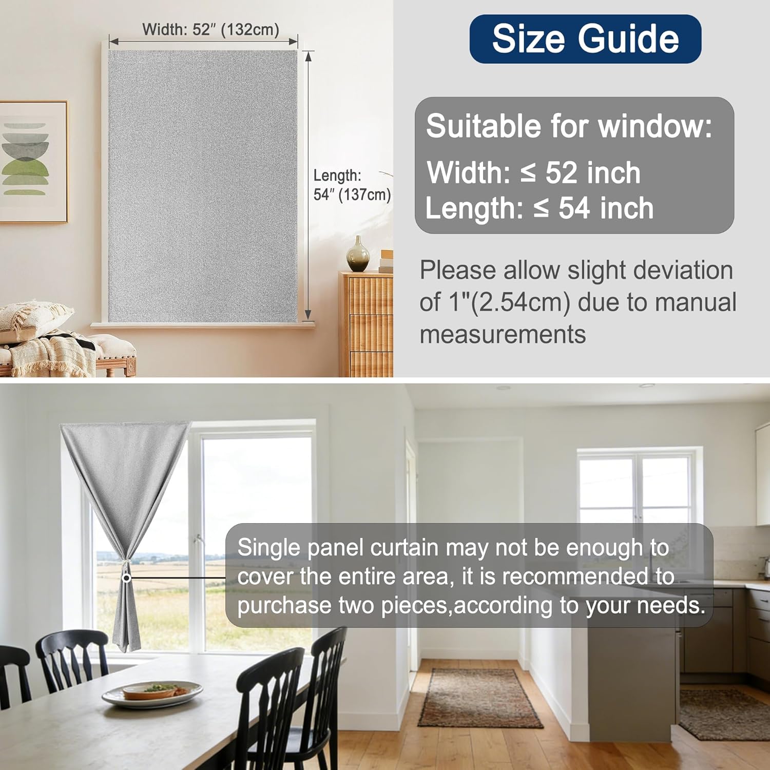 Foxdecor Adhesive Blackout Curtains for Bedroom Living Room 54 Inches Long, No Drill Window Blinds, Thermal Insulated & UV Protection, Light Blocking Drapes 1 Panel. (Grey, 52" W x 54" L)