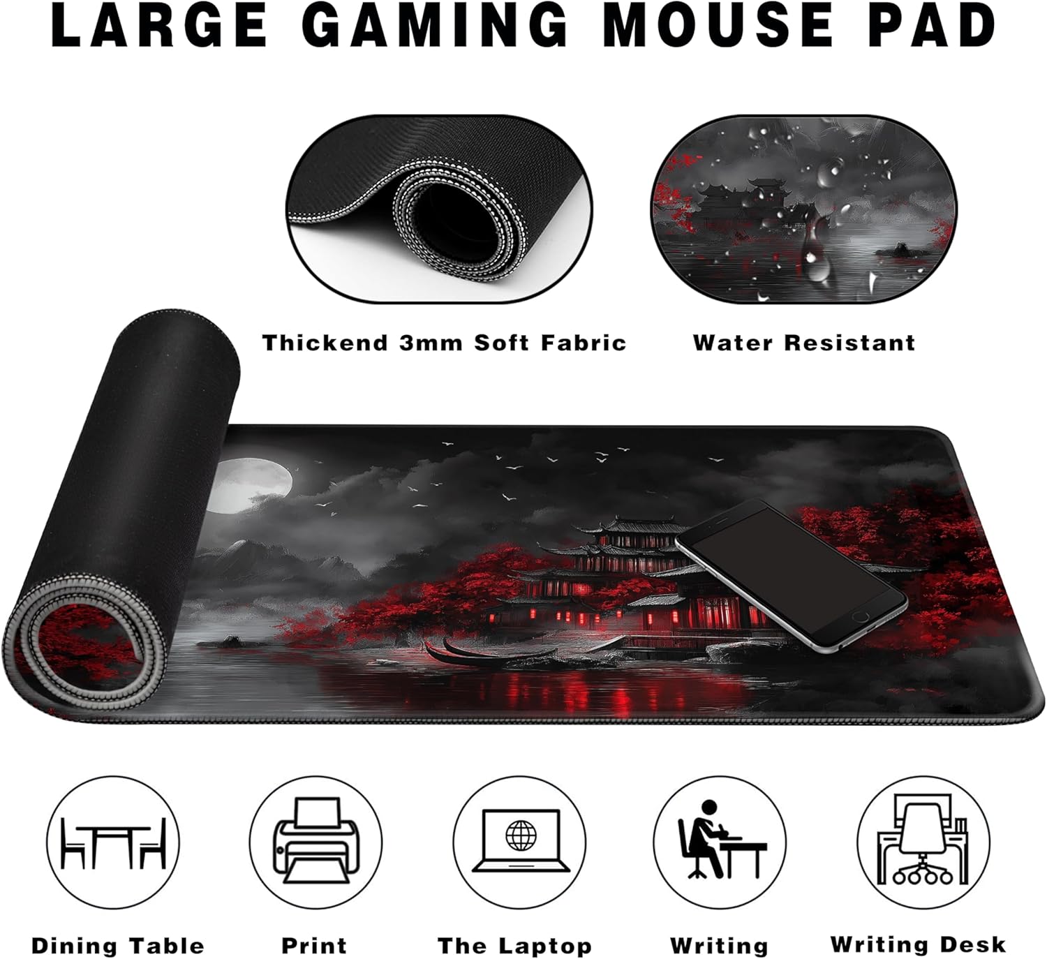 Long Gaming Mouse Pad Extended Anime Large Desk Pad with Non-Slip Base Full Keyboard Mat with Stitched Edges for Gaming and Office 31.5 x 11.8 inches (Dark Night Full Moon) - Image 4