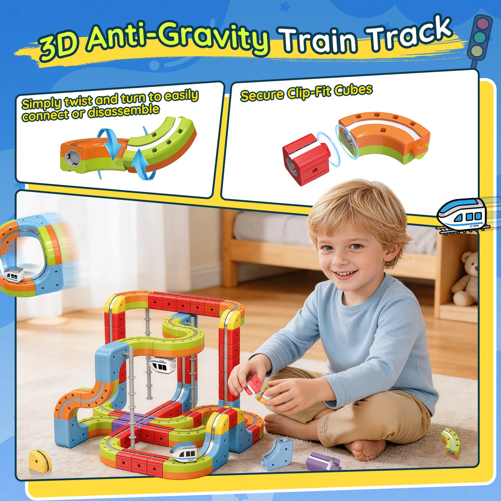Elektrisches Eisenbahn Set, DIY Electric Train Set mit Schwerkraft Defying 3D-Layouts & Magisches Schienen WüRfel, Zugstrecken-Set Spielzeug Geschenk für Kinder ab 3–12 Jahren (88PCS)