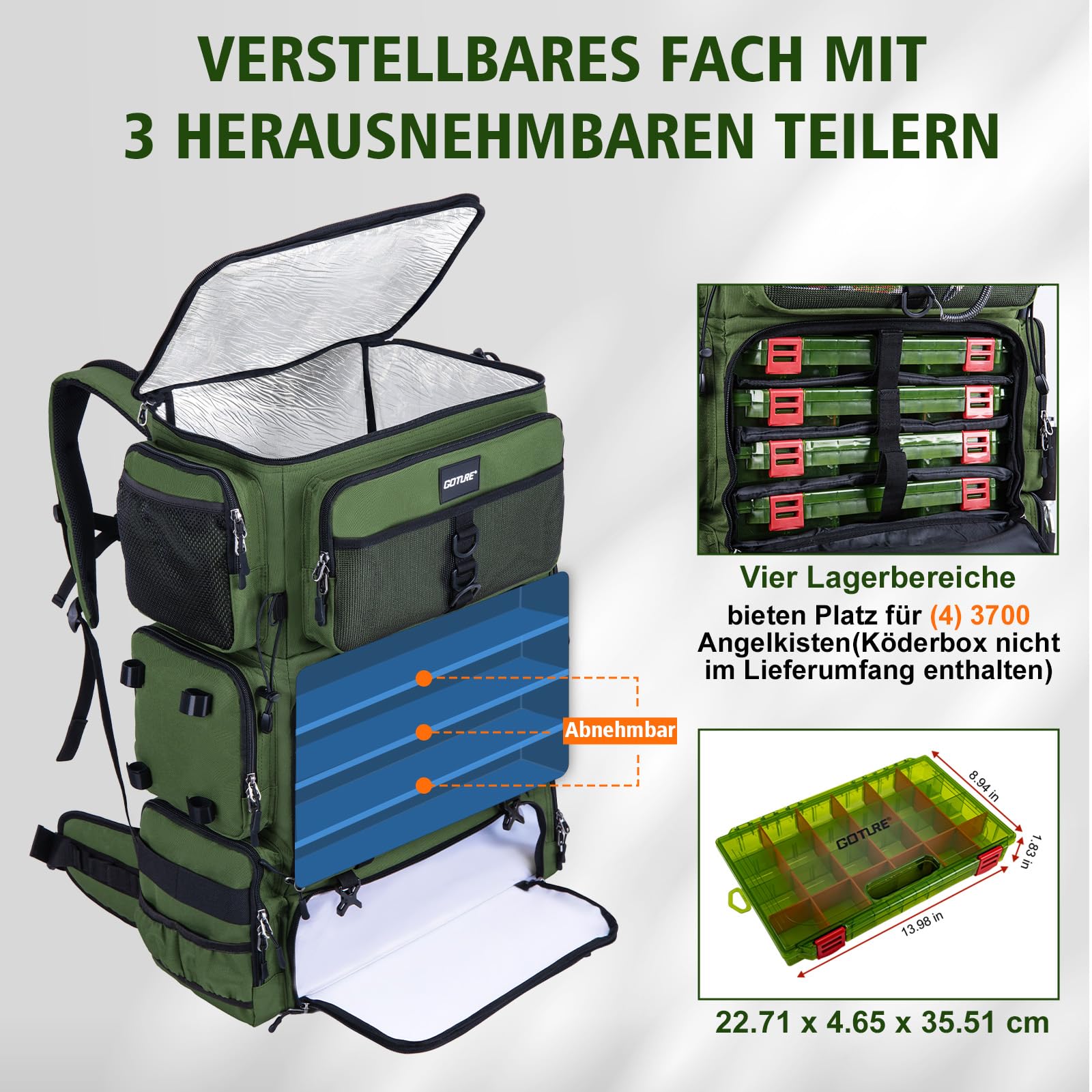 Goture Zaino da pesca da 72 l, con borsa termica (16 l), scomparto asciutto e bagnato, scomparti regolabili, borsa impermeabile per attrezzi da pesca, campeggio, escursionismo, Verde Militar, Zaino