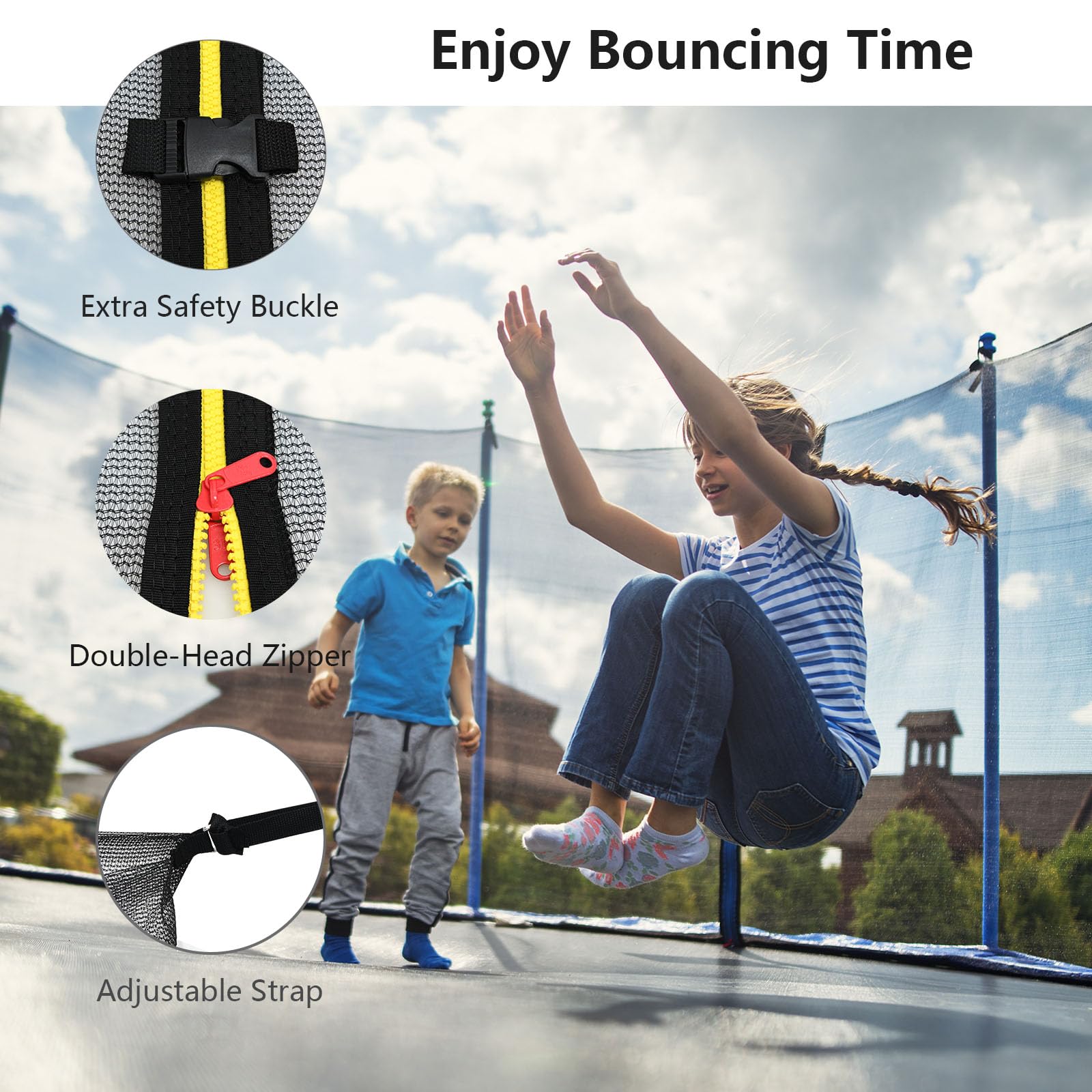 LIFEZEAL Filet de Sécurité Intérieur pour Trampoline, Filet de Remplacement pour Trampoline, Double Fermeture éclair & Boucles, Filet de Rattrapage 6/8 Poteuax, Hauteur 180 cm