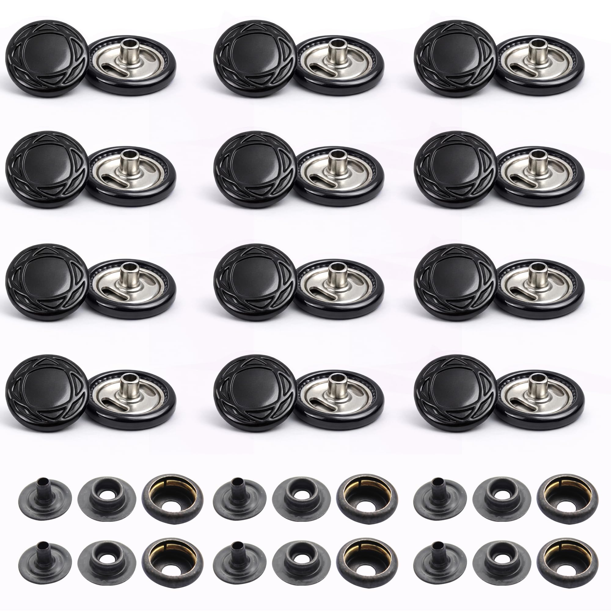 Trimming Shop 15mm Botones a Presión 4 Partes, Resistente y Ligero Metal Cierres para Chaquetas Jeans, Cuero Manualidades, Correas y Costura Proyectos, Ropa Reparación - Mate Negro con Diseño, 1000pcs