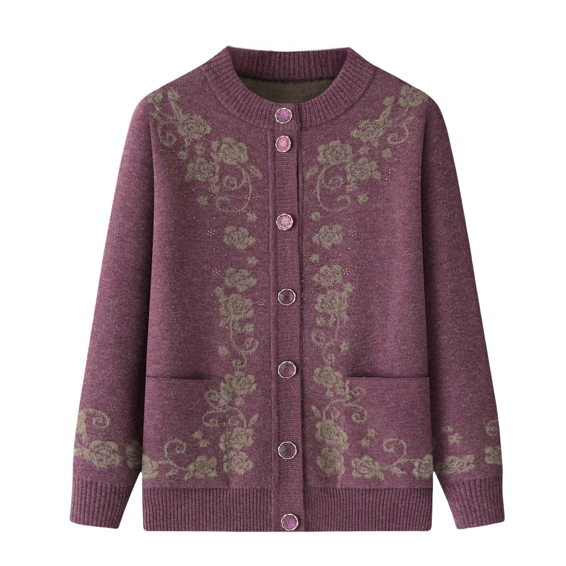 Rebeca De Punto Mujer, Suéteres Tipo Cárdigan De Punto con Forro Polar para Personas De Mediana Edad Y Mayores, Cuello Redondo Azul, Botones, Rosa, Jacquard, Abrigo De Punto De Circón,