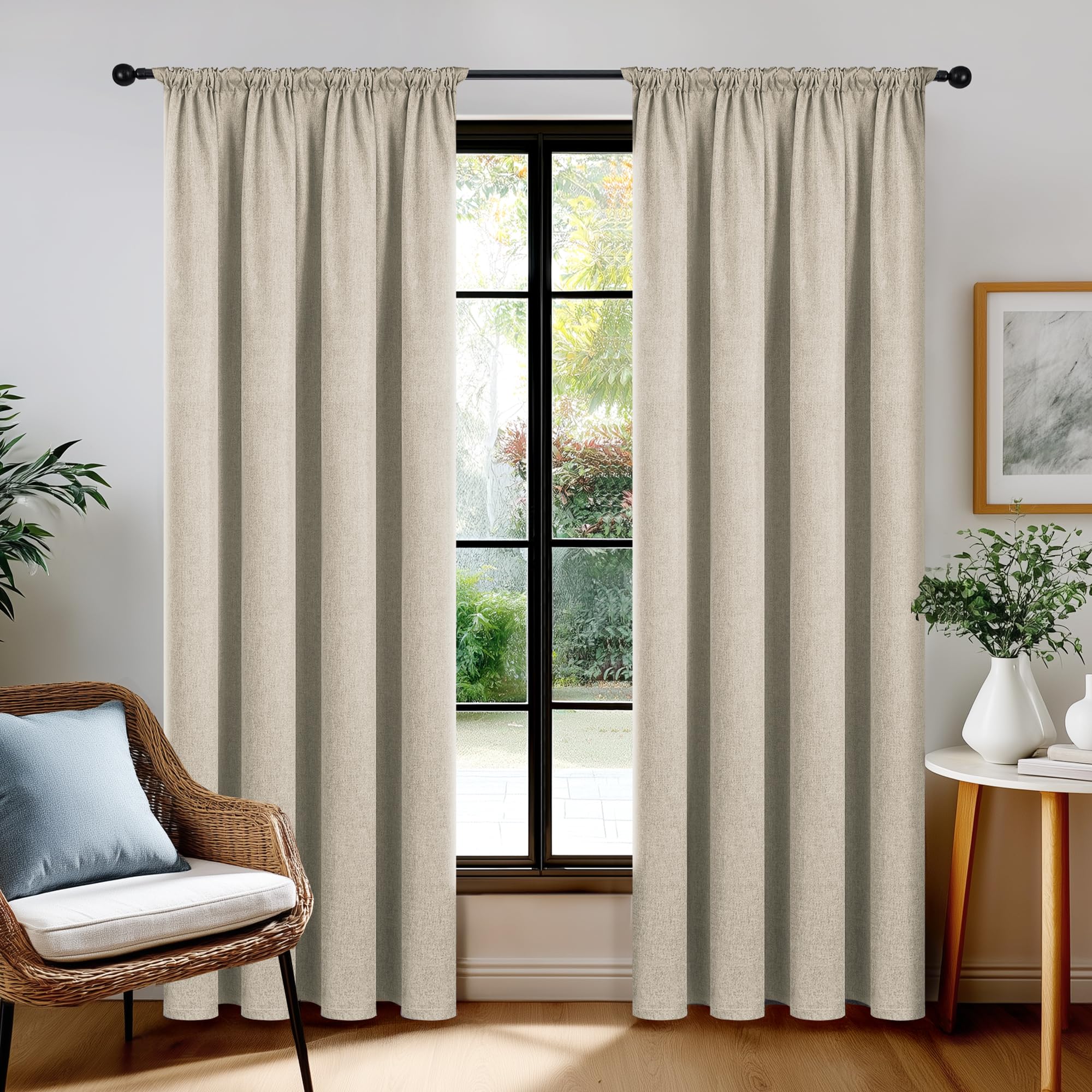 Deconovo Leinen Verdunklungsvorhang mit Kräuselband, 100% Blickdicht, Thermo & Schallschutz, Leinenoptik Blackout Gardine für Wohnzimmer, H245 x B140 cm, Leinen, 2er Set