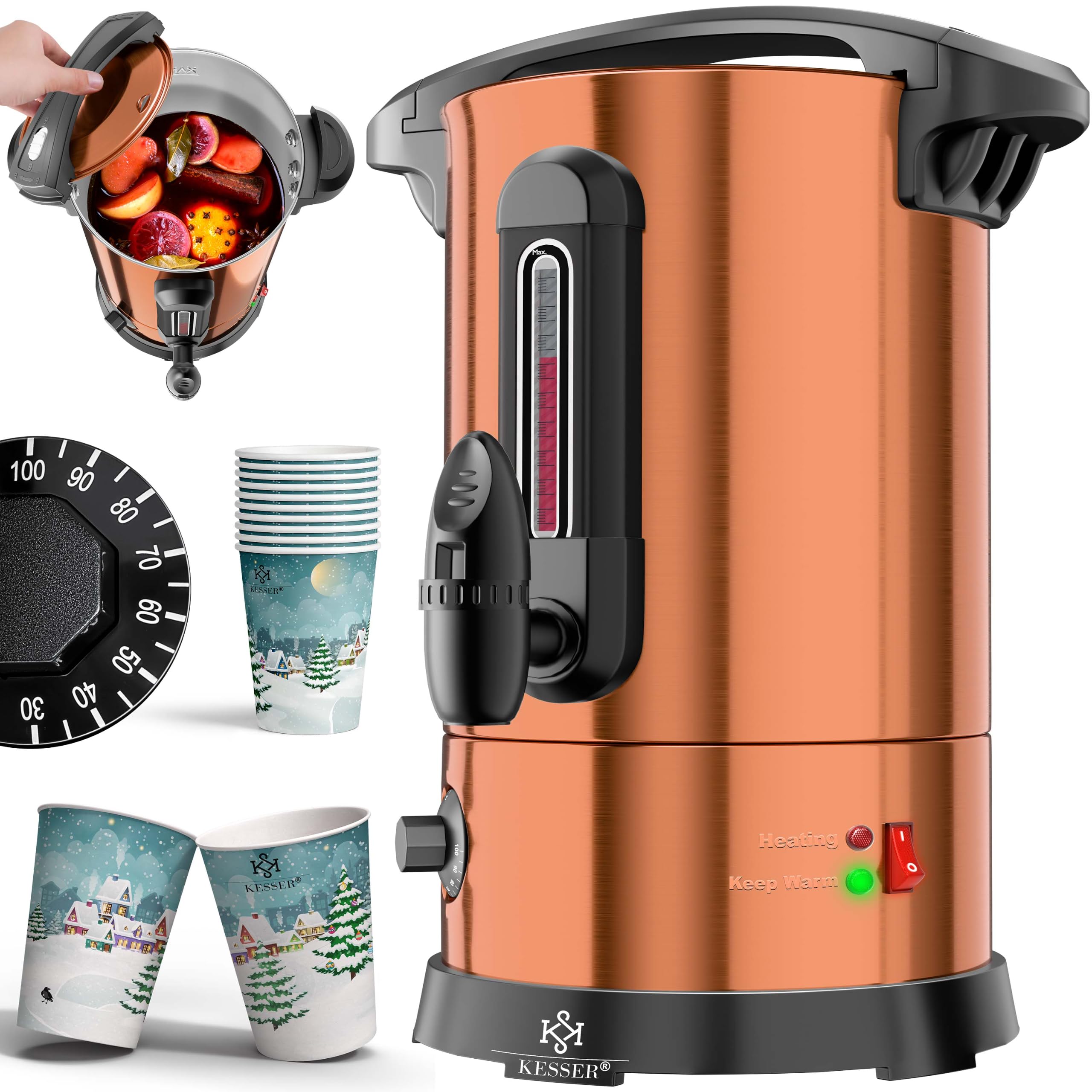 KESSER Bouilloire à vin chaud 6,8/10/20/30 l en acier inoxydable avec gobelet, bouilloire à vin chaud avec thermostat, distributeur d'eau chaude, indicateur de niveau de remplissage, robinet