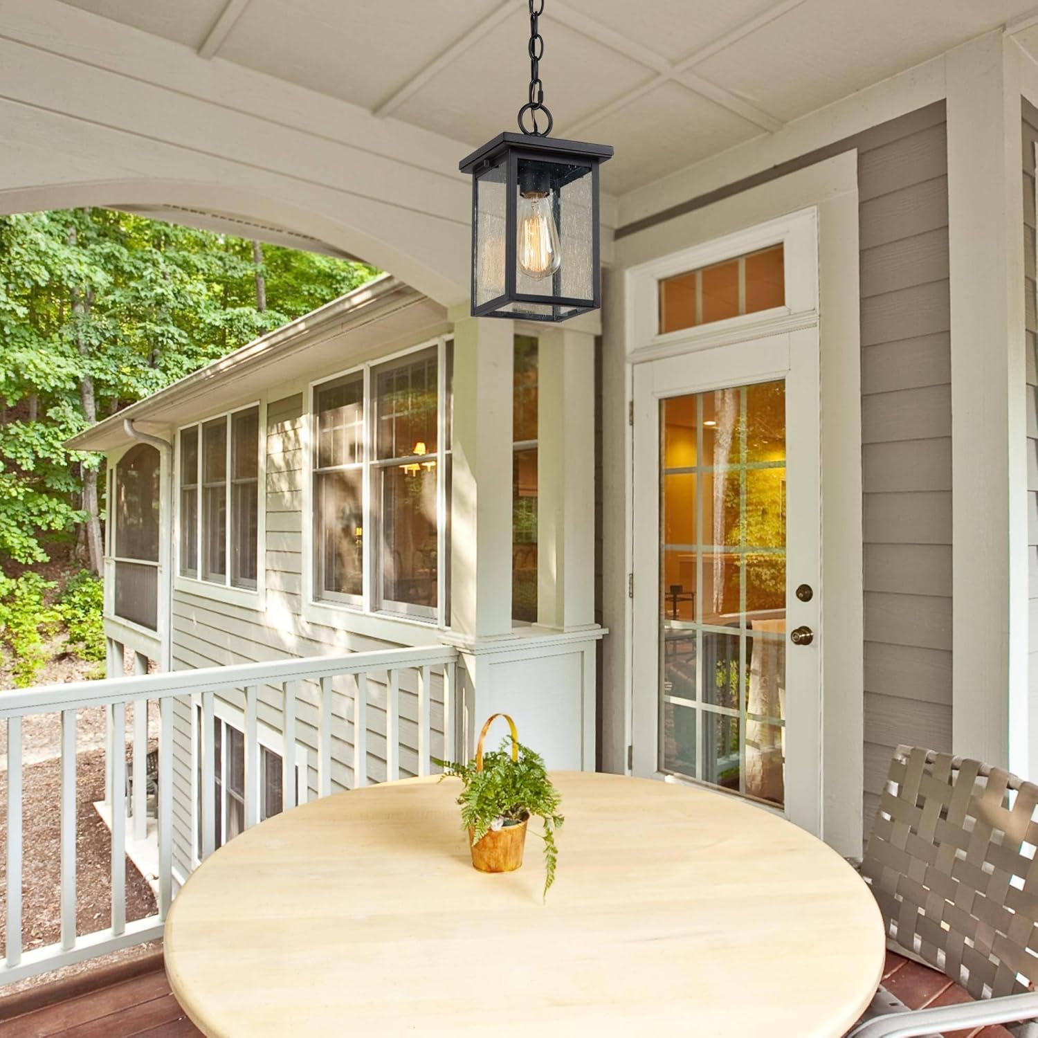 LALUZ Black Outdoor Pendant Lights for Porch, Modern Farmhouse Outdoor Pendant Light Fixture with Seeded Glass, Rectangular Exterior Hanging Lantern Light Fixtures with Adjustable Chain, 6'' x 11''