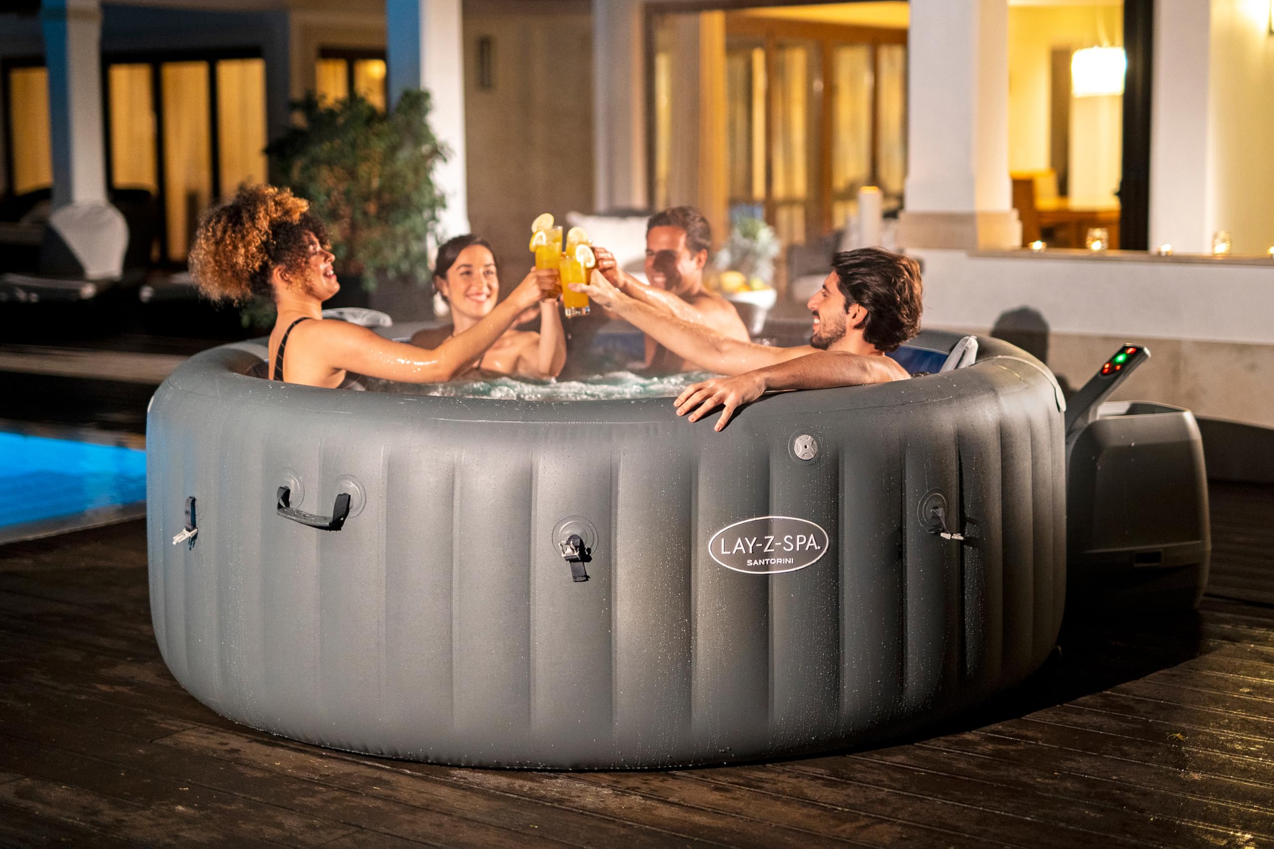 Bestway - Spa Gonflable Santorini Smart HydroJet Pro Efficacité énergétique avec Application de contrôle pour 5 à 7 Personnes - 216 cm x 216 cm x 80 cm - Gris