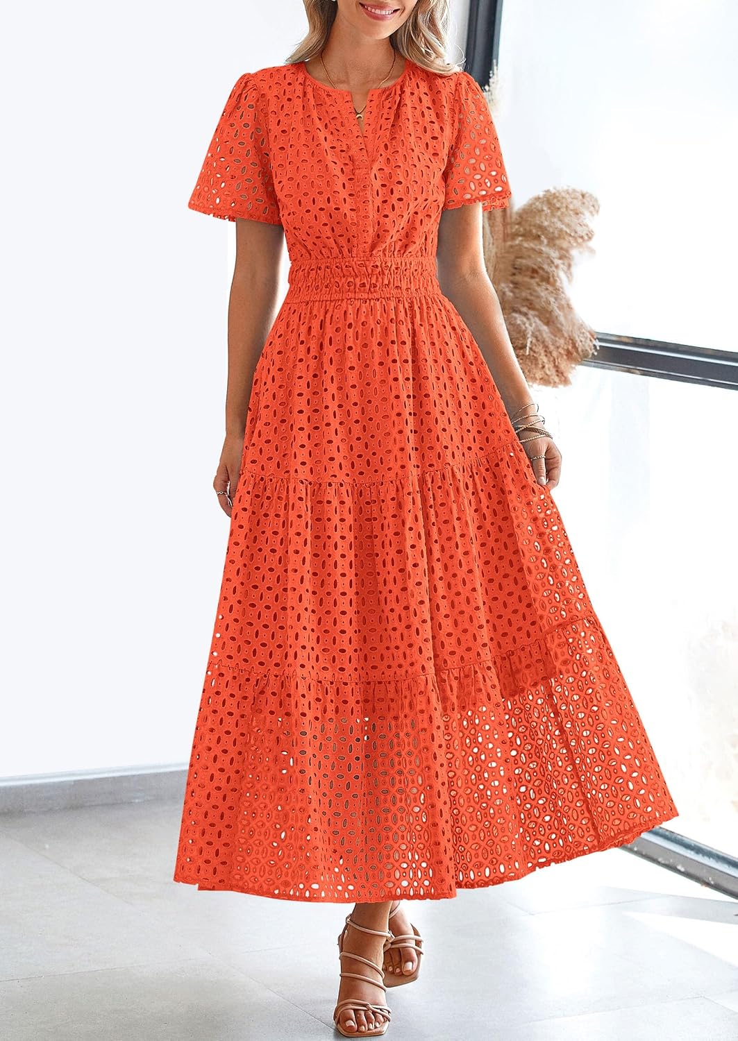 PRETTYGARDEN Womens 2026 Summer Maxi Dress Short Sleeve V Neck Hollow Out Eyelet A Line Long Flowy Beach Vacation Dresses thumbnail