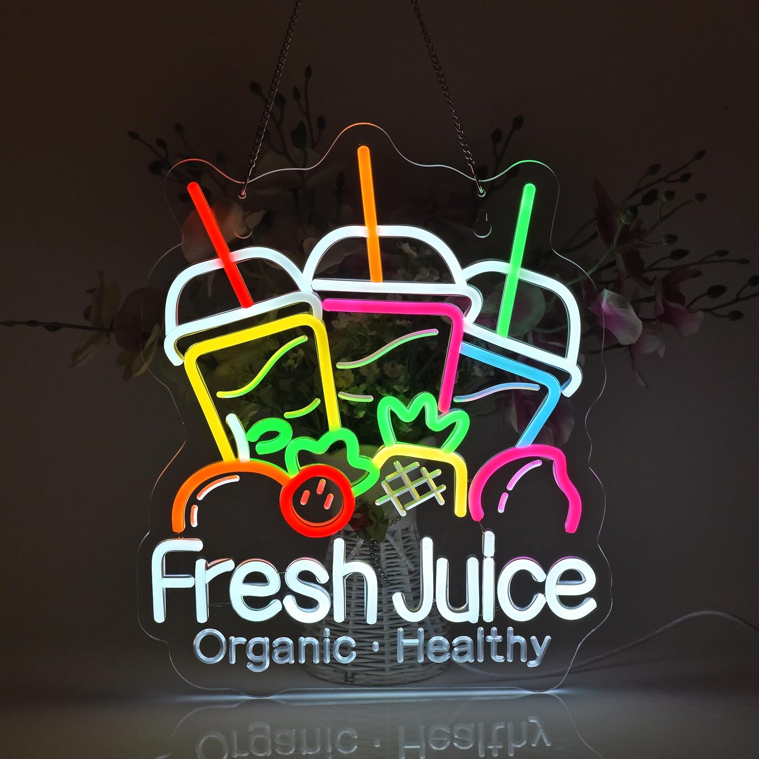 Fresh Juice Neon Sign, Neon Lights Hanging Wall Art Decoration for Juice Bar Shop Food Truck Market Bakeries Café Celebration Home Decor, USB Powered Ultra Bright Dimmable, 15.35×12.6inches