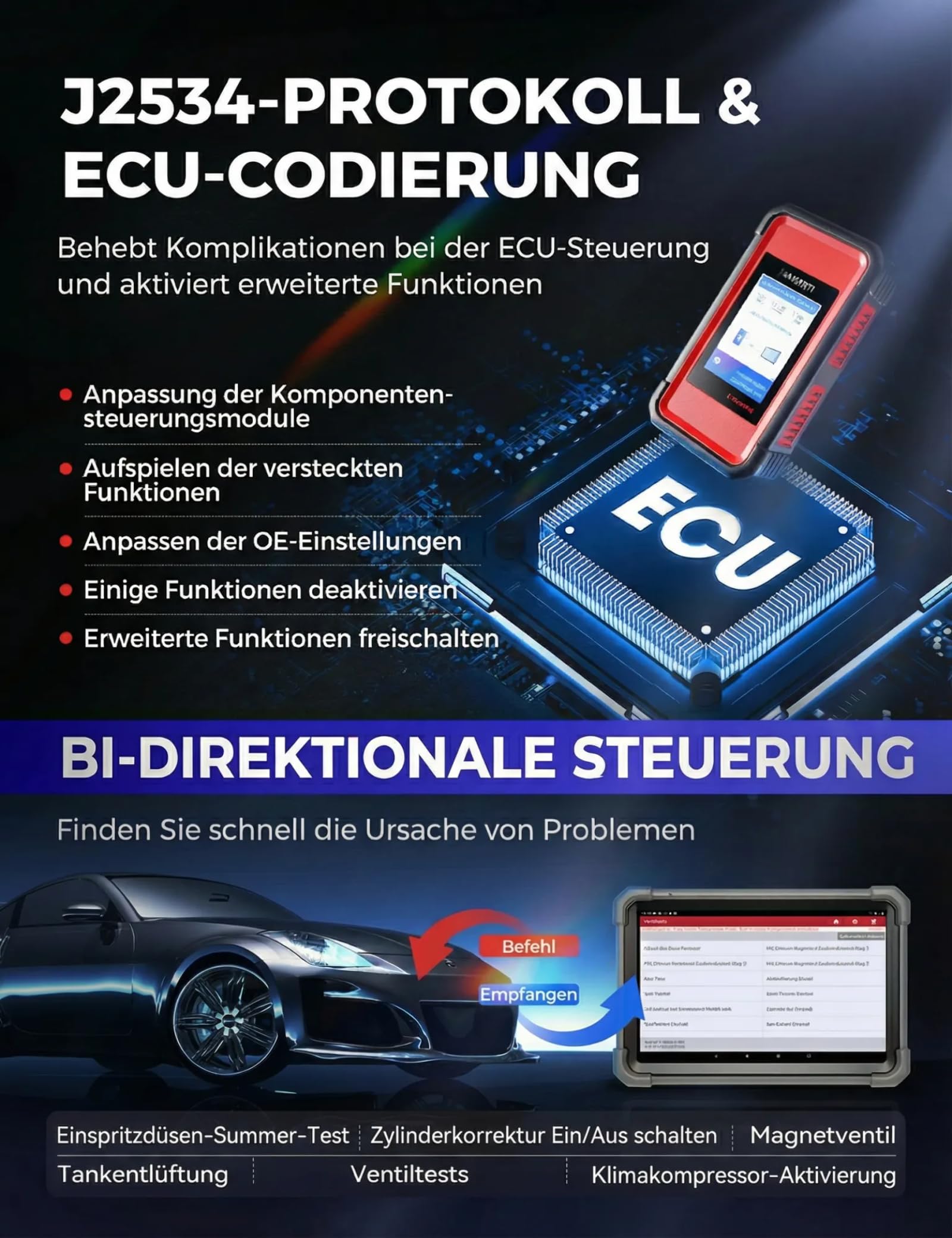 LAUNCH X431 PRO3 V+ Elite, Neu Smartlink C 2.0 Bidirektionales Scan-Tool mit J2534, HD-LKW-Scan, Topologiekarte, 60+ Service, Online-Codierungs, CANFD/DOIP/D-PDU, FCA, 2 Jahre Update(schwarz)