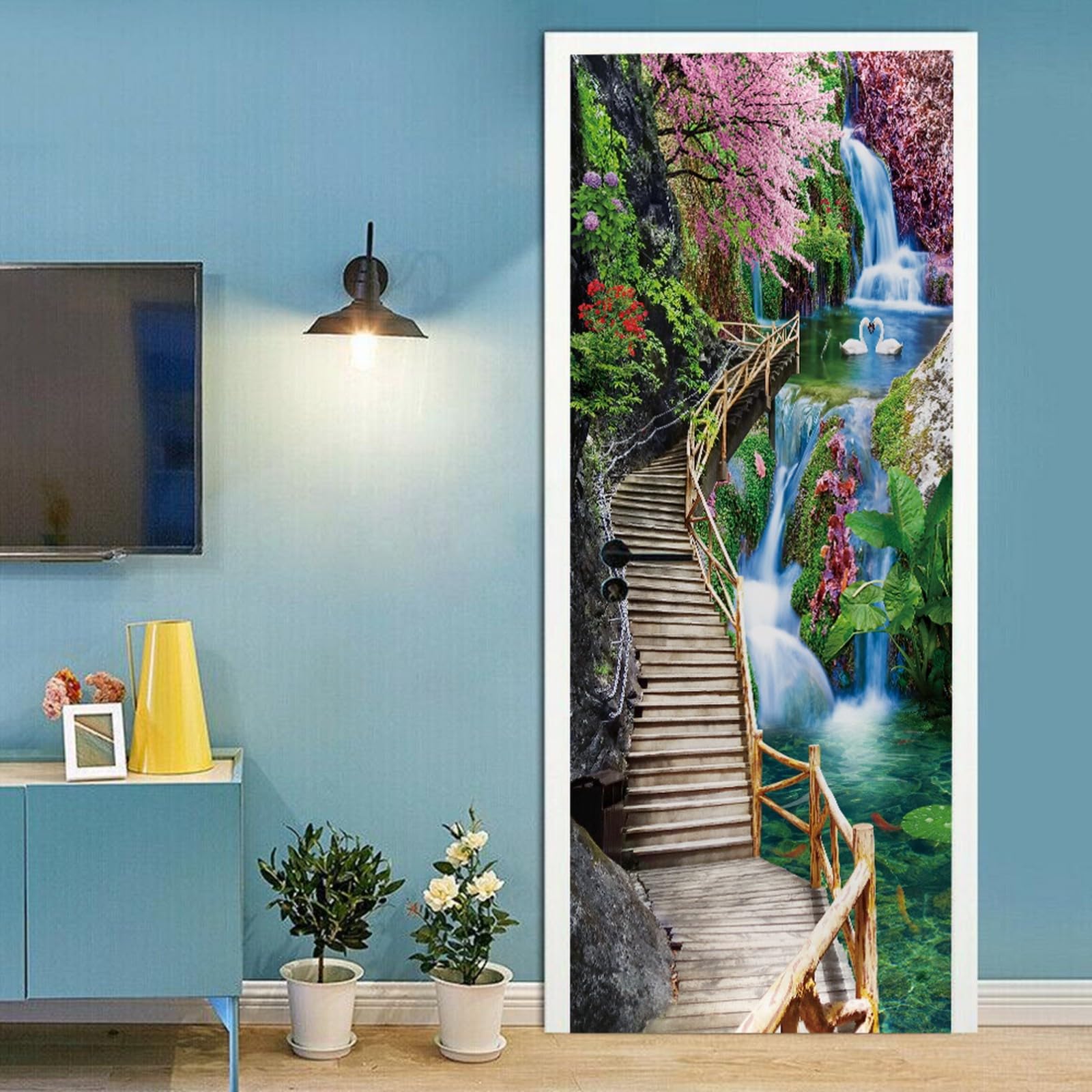 A.Monamour Adesivo Porta Autoadesiva 3D Passerella In Legno Fino Alla Cima Del Paesaggio Del Giardino A Cascata Vinile PVC Adesivi per Porte Interne Pellicola Adesiva Poster Murale Parete 90x200cm