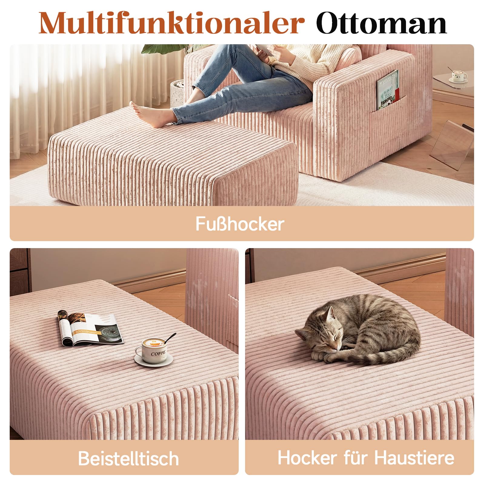 HAUSPROFI 2-in-1-Schlafsofa aus Cord mit Hocker für Gäste – Bodensofa mit 3 Kissen, Einzelsofa und Schlafsessel mit Seitentasche für Wohn- und Schlafzimmer