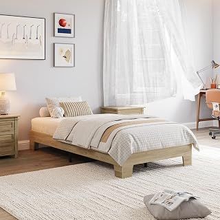Wood Platform Bed Frame, Twin XL Size, Wood Slat Support, No Box Spring Needed, Easy Assembly, Noise-Free Design, Underbed Space for Storage, Minimalist Bedroom Furniture, Natural Oak