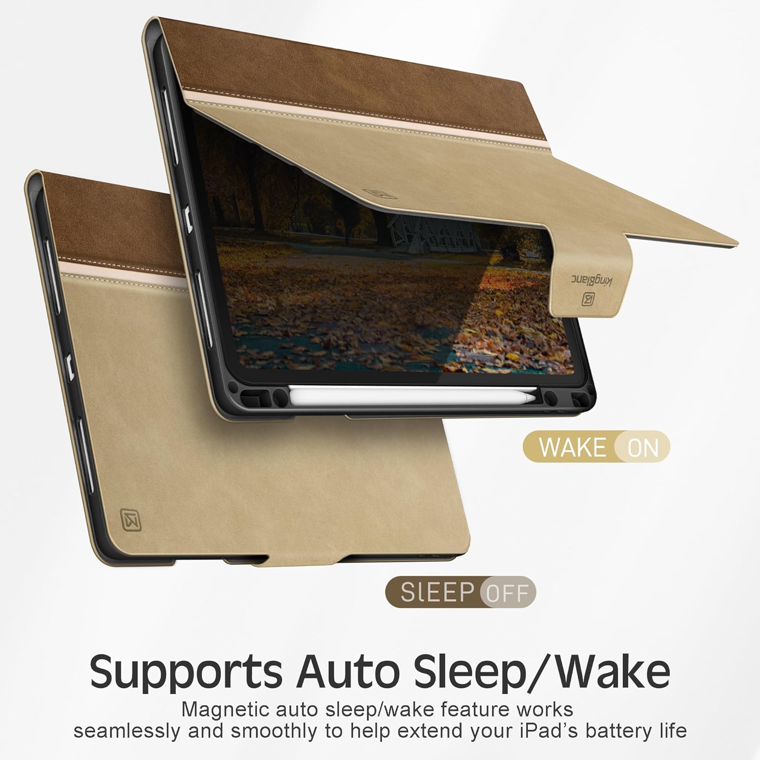 KingBlanc Case for iPad Pro 12.9 6th/5th/4th/3rd Generation 2022/2021/2020/2018 with Pencil Holder, Vegan Leather Bicolor Cover, Auto Sleep/Wake, Support Pencil2 Charging, Multi-Angle Viewing, Beige - Image 7