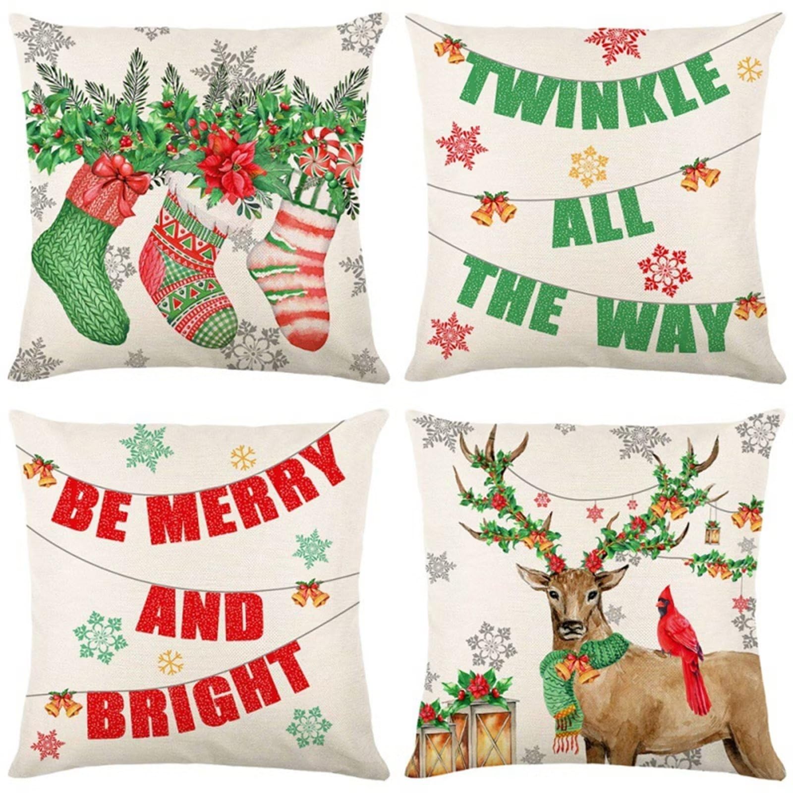 Christmas pillow cover Noel 50x50 lin housse coussin decoration chaussettes cerf