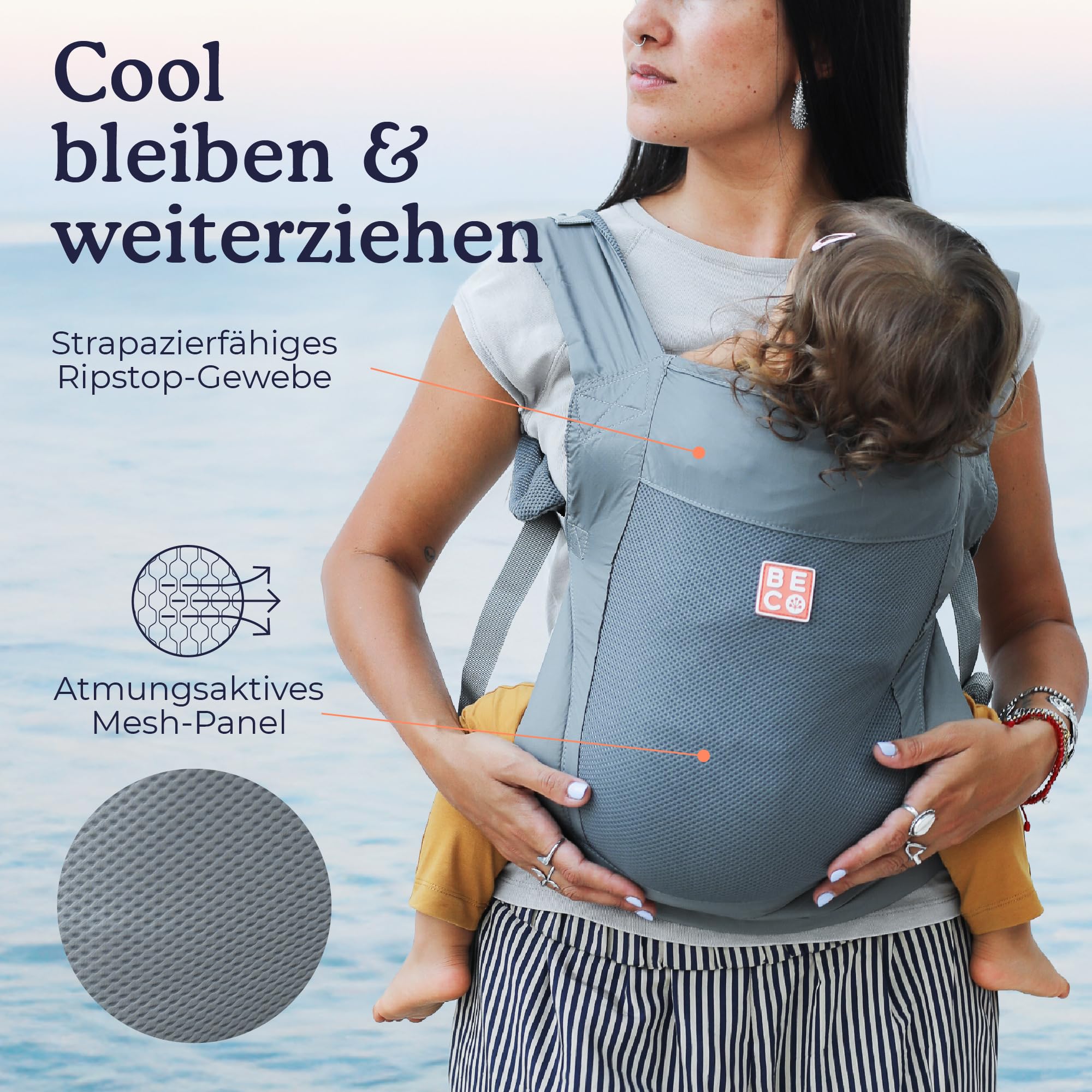 Beco Fly Ultralite Babytrage & Kindertrage – Kompakt, Faltbar & Leicht – Inkl. Transporttasche, Bauch- & Rückentrage, Ergonomische M-Position (7–20 kg) - Grau
