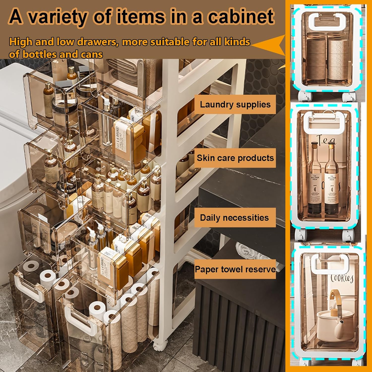 Slim Bathroom Cabinet Storage, Large Capacity Slim Toilet Paper Storage Cabinet with Clear Drawers and Casters, Waterproof Toilet Paper Storage Cabinet for Small Spaces and Gaps, T