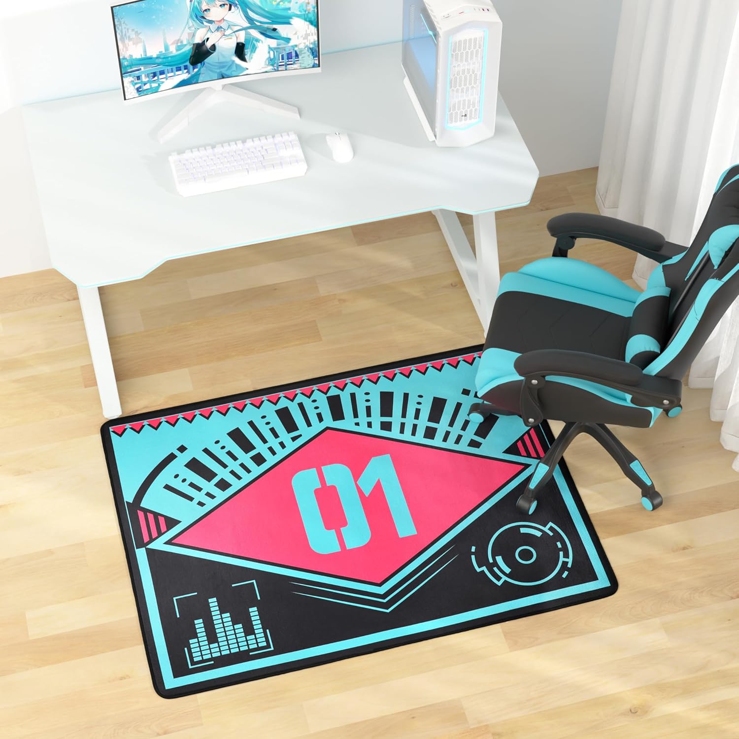 Desk Chair Mat for Hardwood Floor | Hatsune Miku 01 Logo & Music-Themed Elements(36 × 48 in)