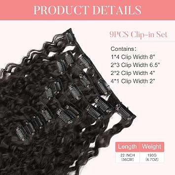 FLUFYMOOZ 9PCS Clip in Hair Extensions 22 Inch Curly Hair Extension Long Soft Synthetic Hairpieces for Women (Black Brown)