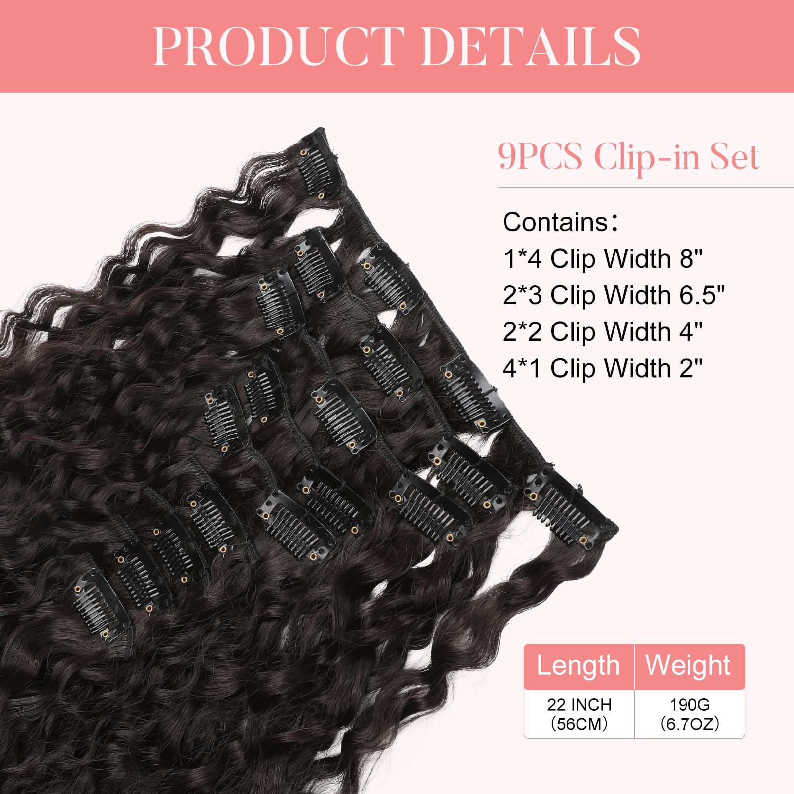 FLUFYMOOZ 9PCS Clip in Hair Extensions, 22 Inch Clip in Haarverlängerungen lockige Haarverlängerung, lange, weiche synthetische Haarteile für Frauen Schwarzbraun