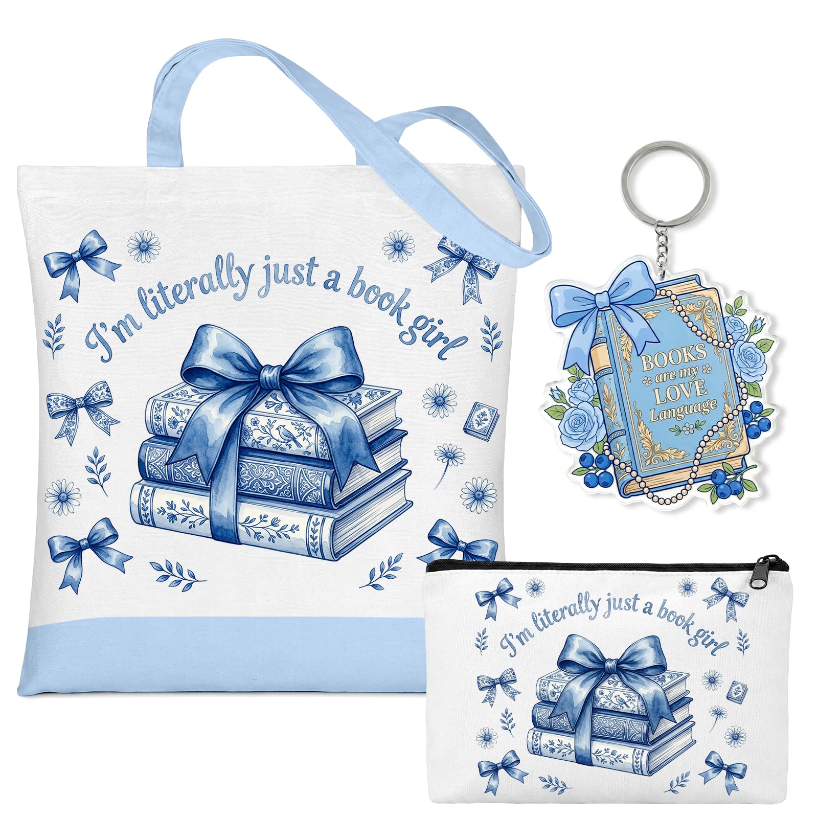 Blue bookish tote bag, matching makeup pouch and acrylic book keyring