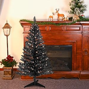 4ft Lighted Artificial Black Christmas Tree, Not Pre-lit Black Tinsel Pine Trees with Lights, Ideal for Ideal for Home, Office, and Xmas Party Dcor - Includes Stand